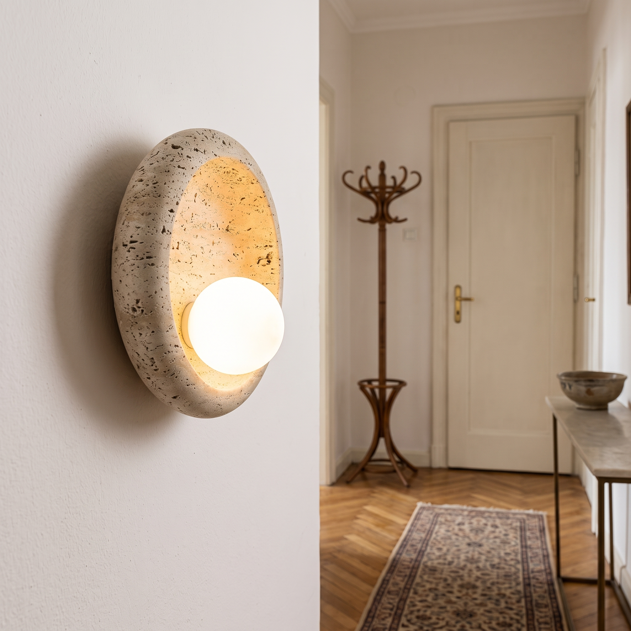 Doto Curved Travertine Wall Light shown close in a Sofia interwar apartment entrance hall