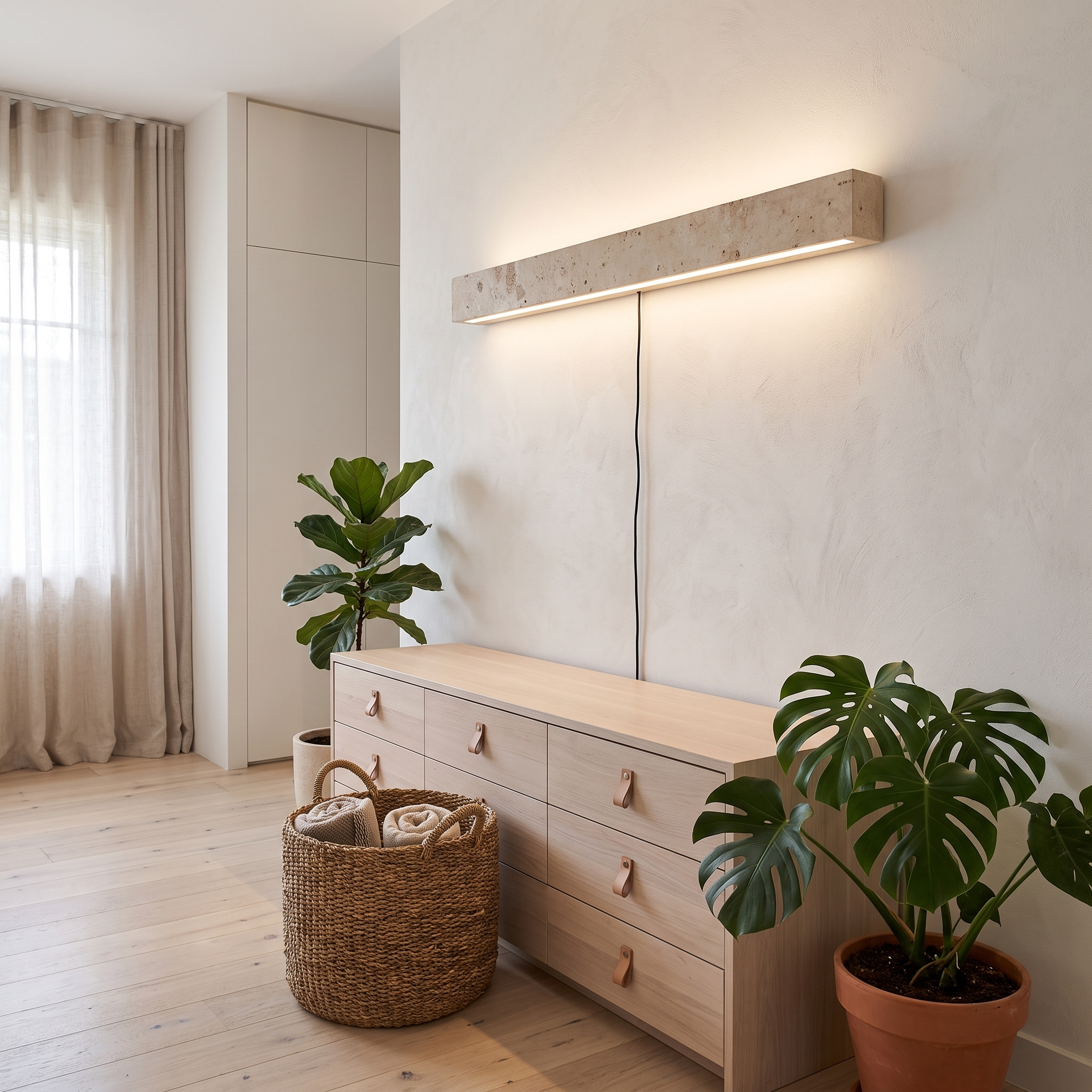 Dynamene Travertine Linear Plug-In Wall Light shown close in a Perth coastal bungalow dressing area