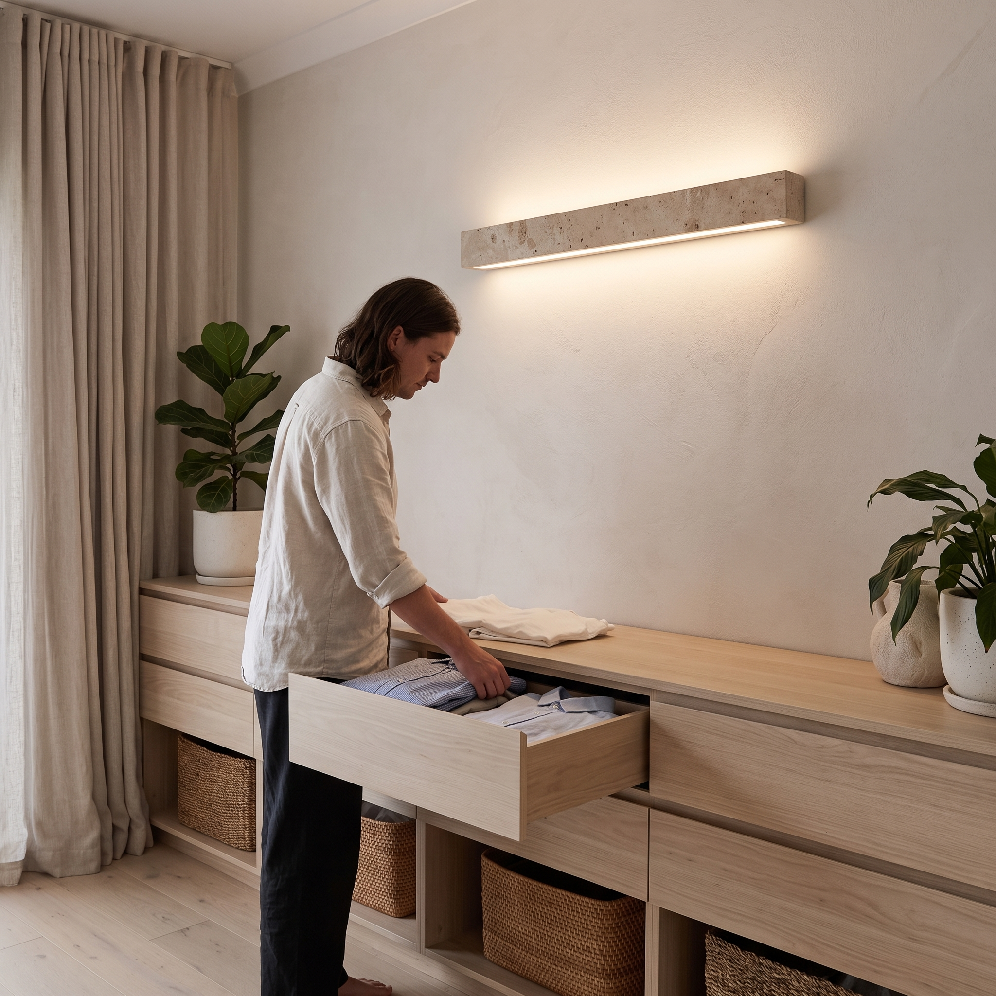 Dynamene Travertine Linear Plug-In Wall Light lit in a Perth coastal bungalow dressing area
