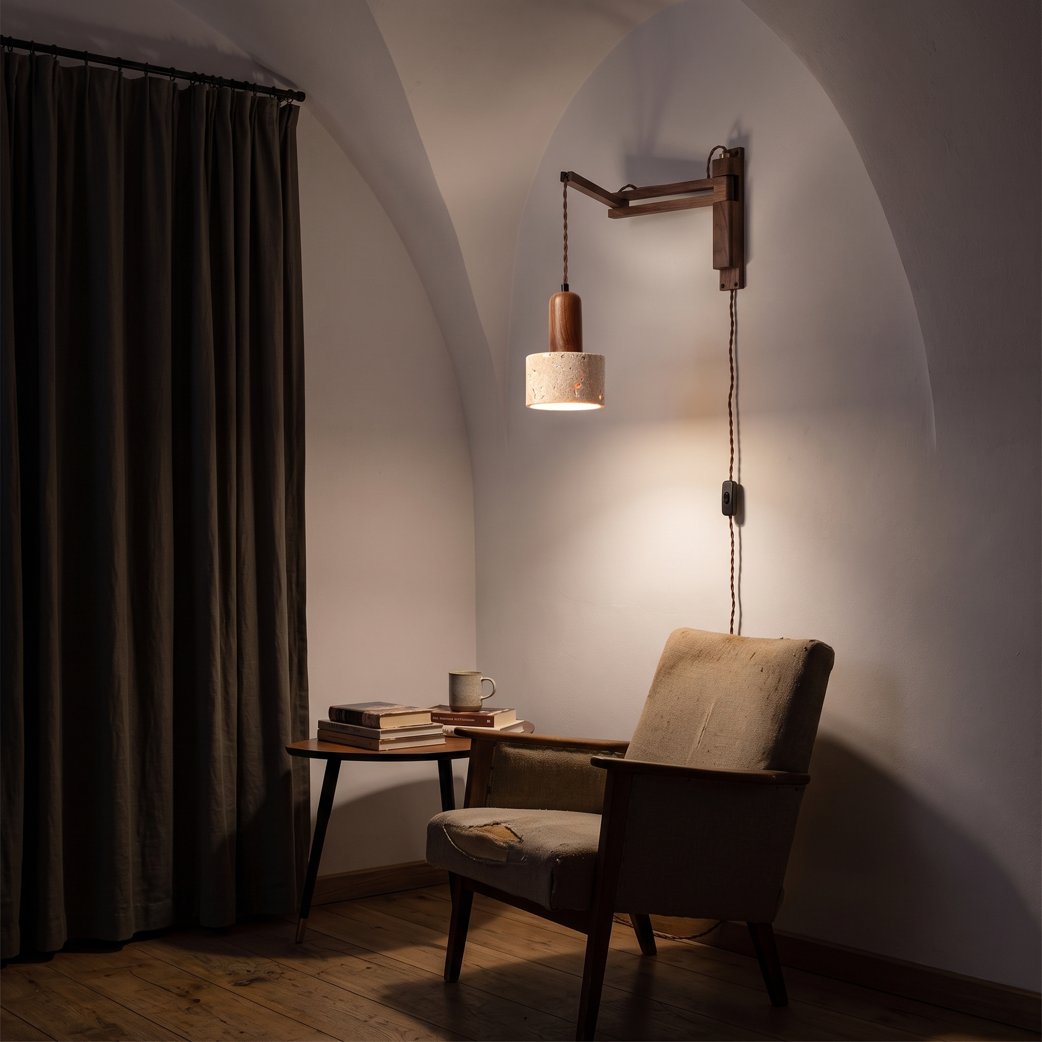 Eunike Travertine Dome Swing Arm Wall Lamp lit at night in a Vilnius old town apartment reading corner