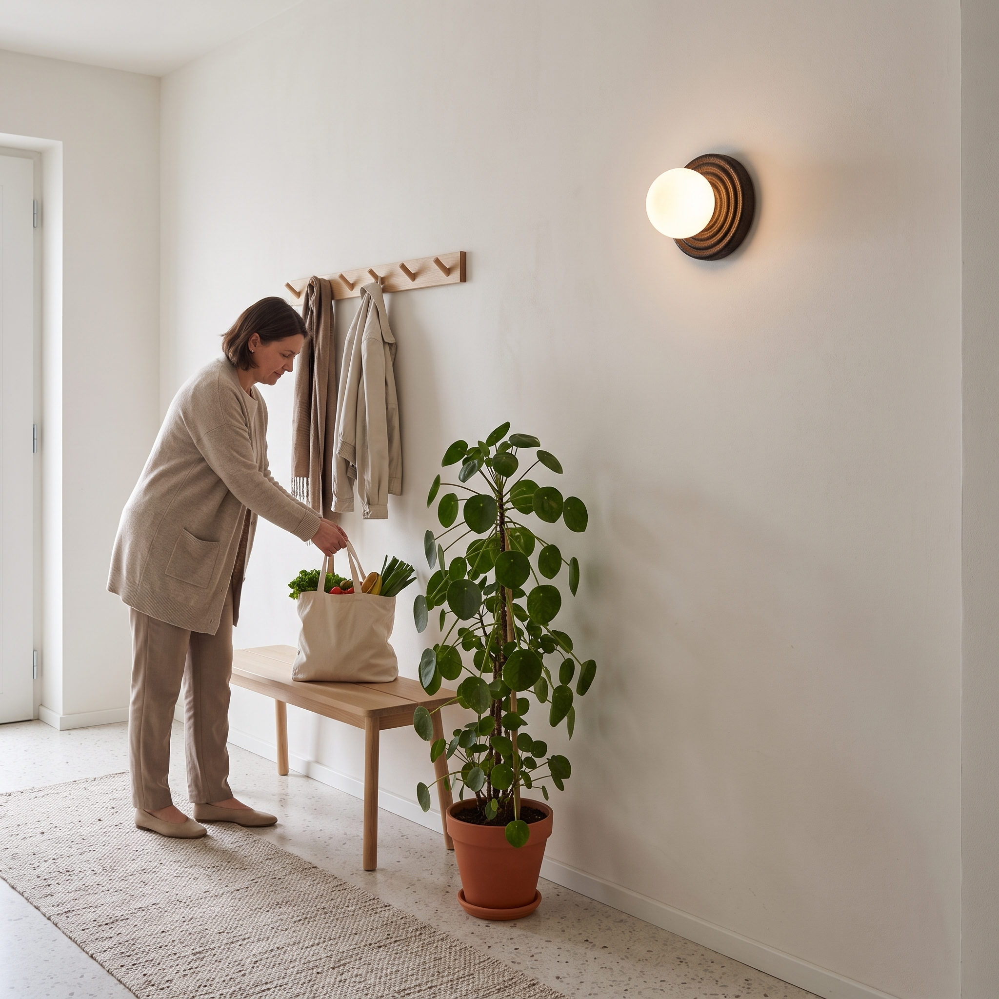 Eurybia Concentric Travertine Ring Sconce lit in a Ljubljana riverside apartment hallway