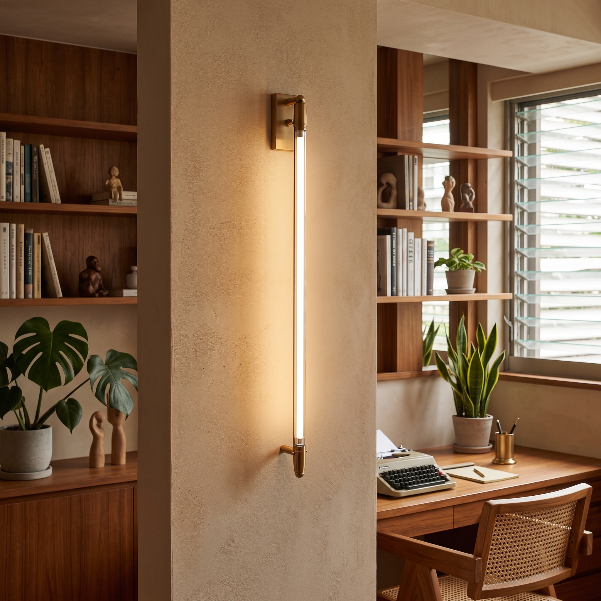 Euros Gold Rotating LED Tube Wall Light shown close in a Taipei mid century apartment study