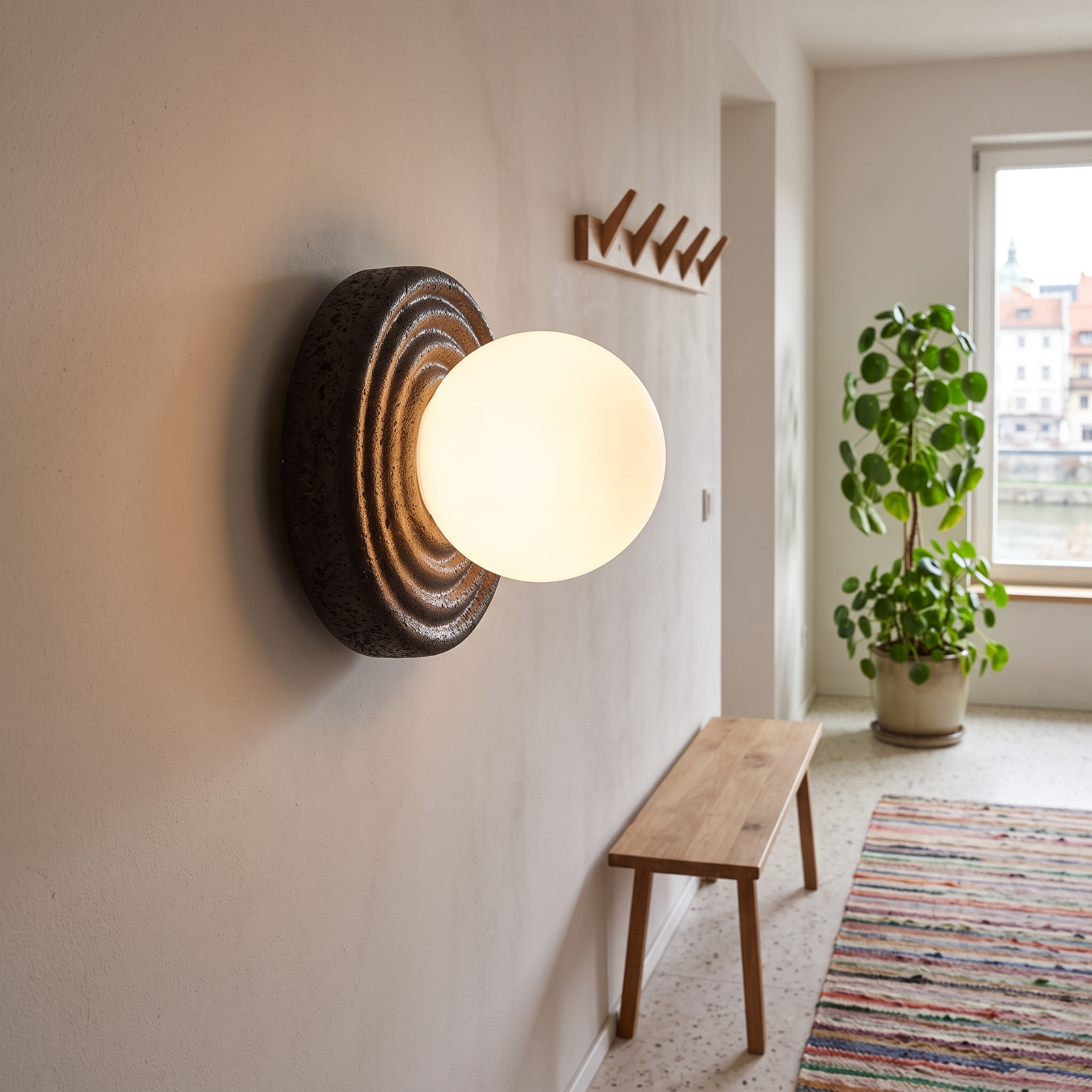 Eurybia Concentric Travertine Ring Sconce shown close in a Ljubljana riverside apartment hallway