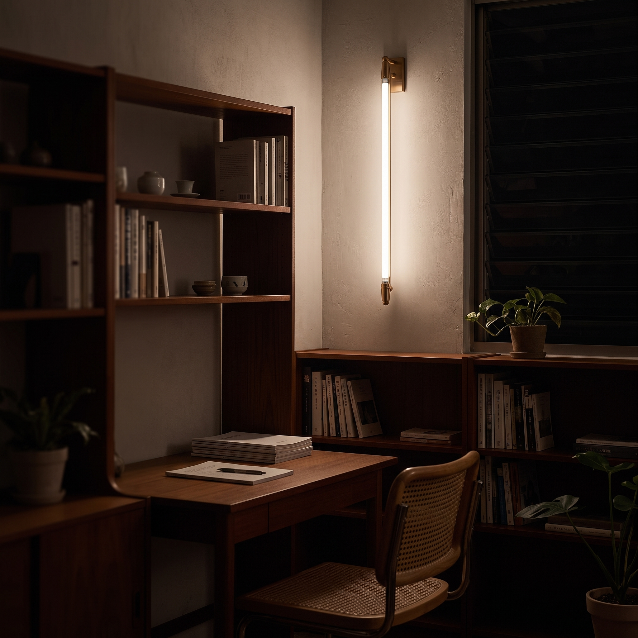 Euros Gold Rotating LED Tube Wall Light lit at night in a Taipei mid century apartment study