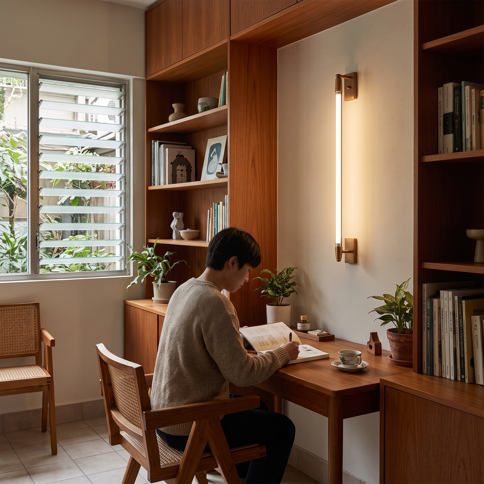 Euros Gold Rotating LED Tube Wall Light lit in a Taipei mid century apartment study