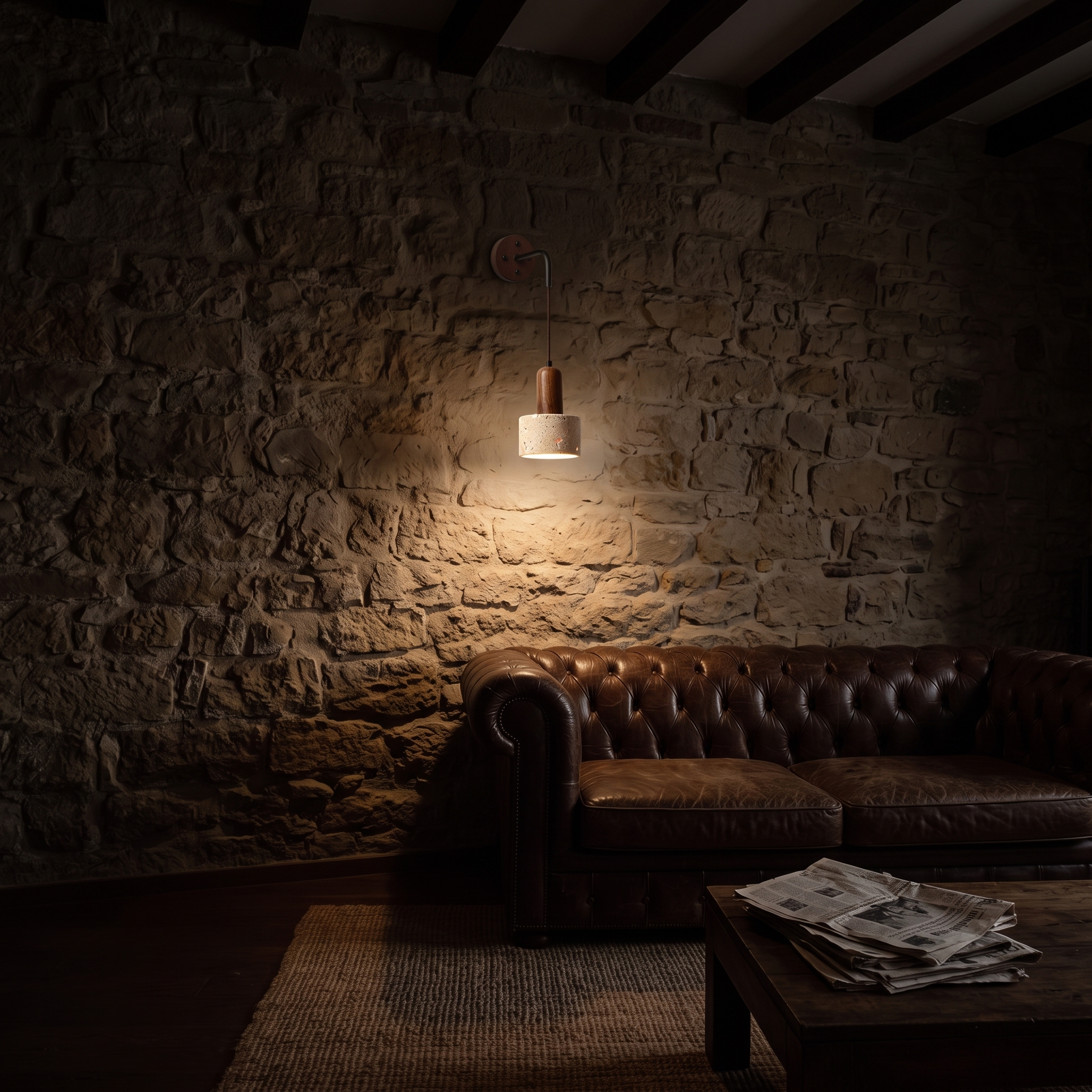 Eurynome Travertine Dome Wall Light lit at night in a Bilbao Basque townhouse living room