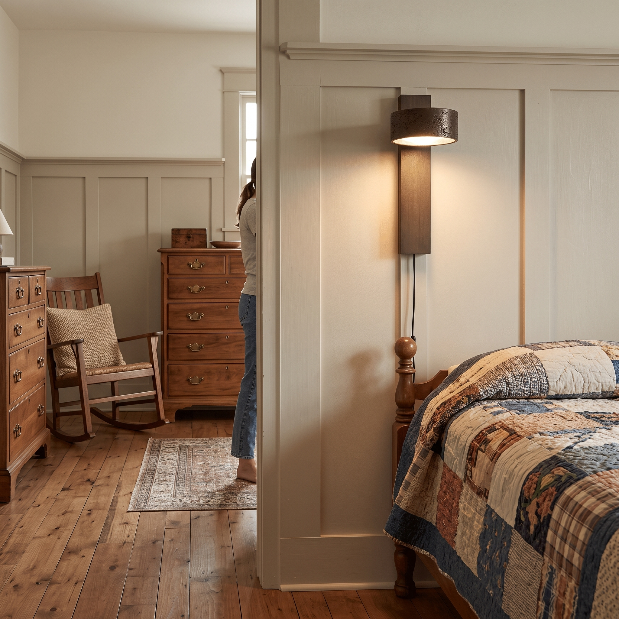 Eurydike Black Travertine Plug-In Wall Sconce lit in a Nashville craftsman bungalow bedroom