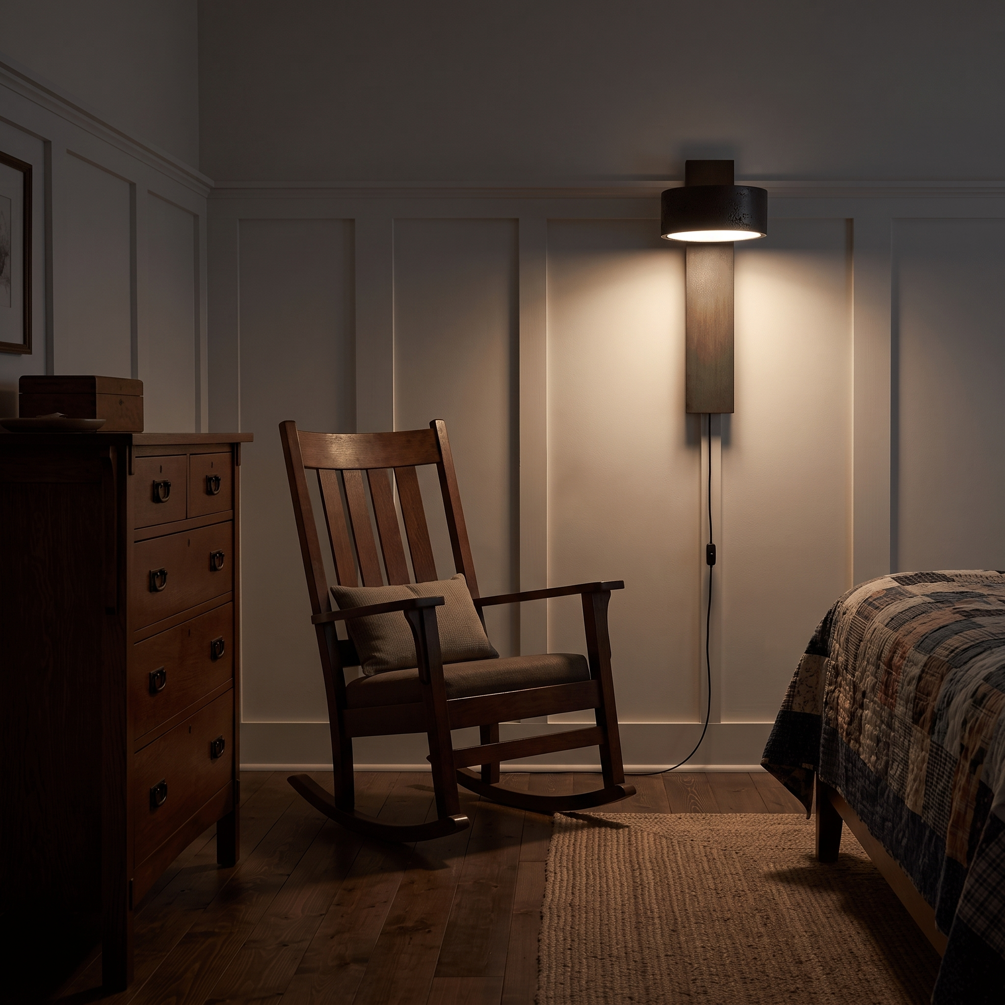 Eurydike Black Travertine Plug-In Wall Sconce lit at night in a Nashville craftsman bungalow bedroom