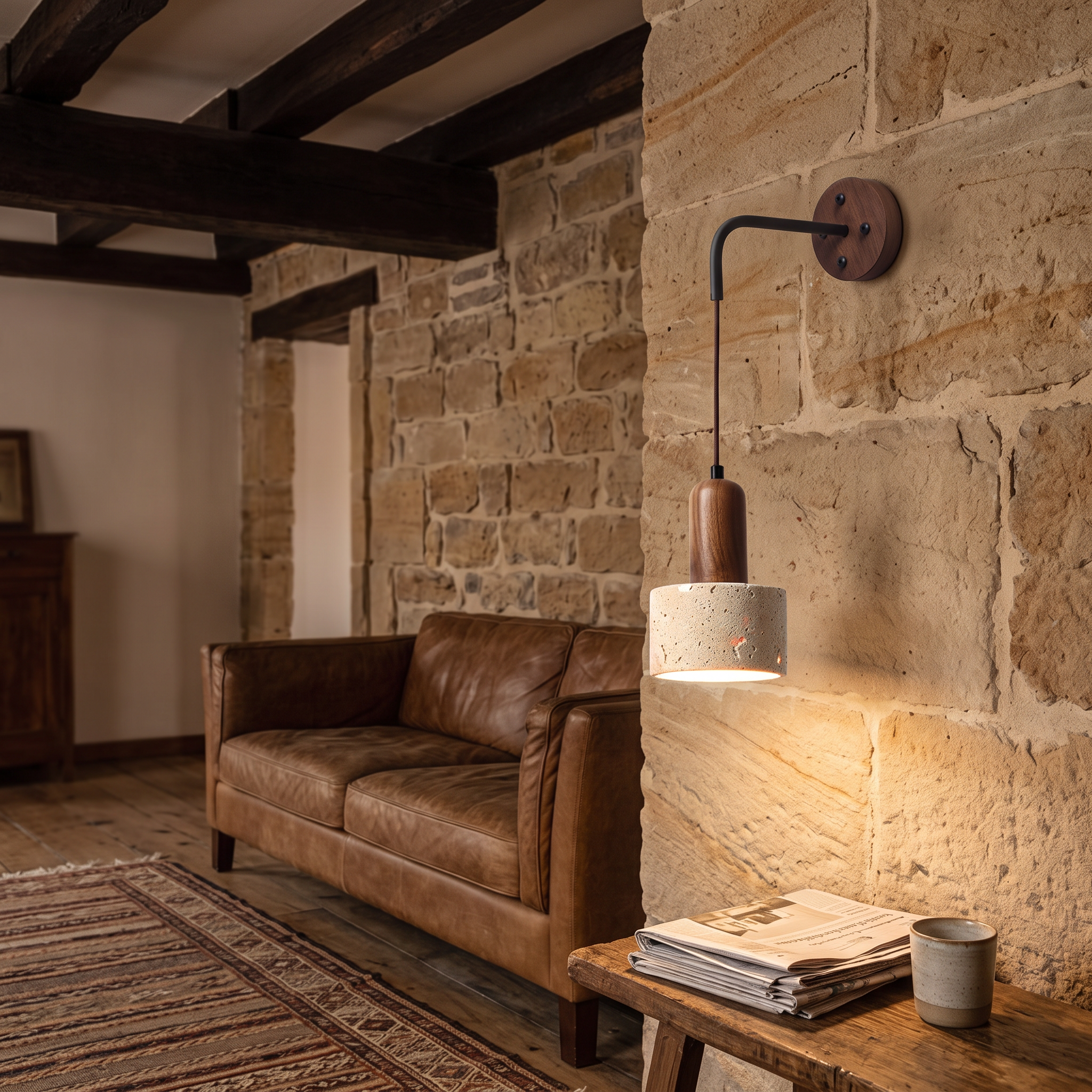 Eurynome Travertine Dome Wall Light shown close in a Bilbao Basque townhouse living room