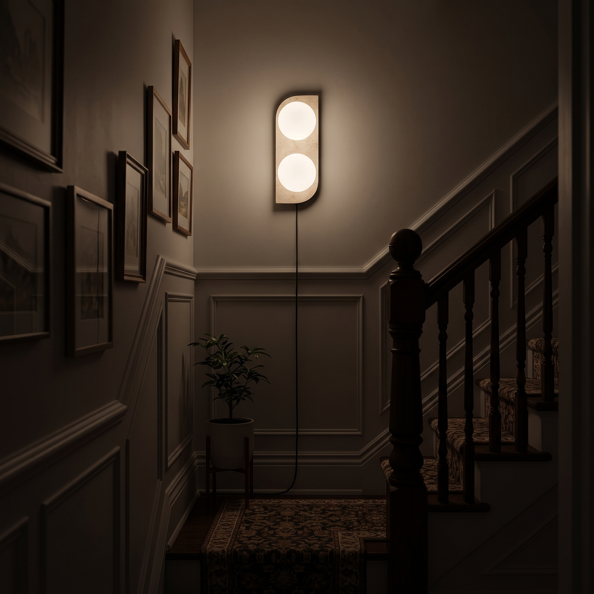 Glauke Travertine and Glass Globe Plug-In Light lit at night in a Toronto Annex Victorian semi stairwell