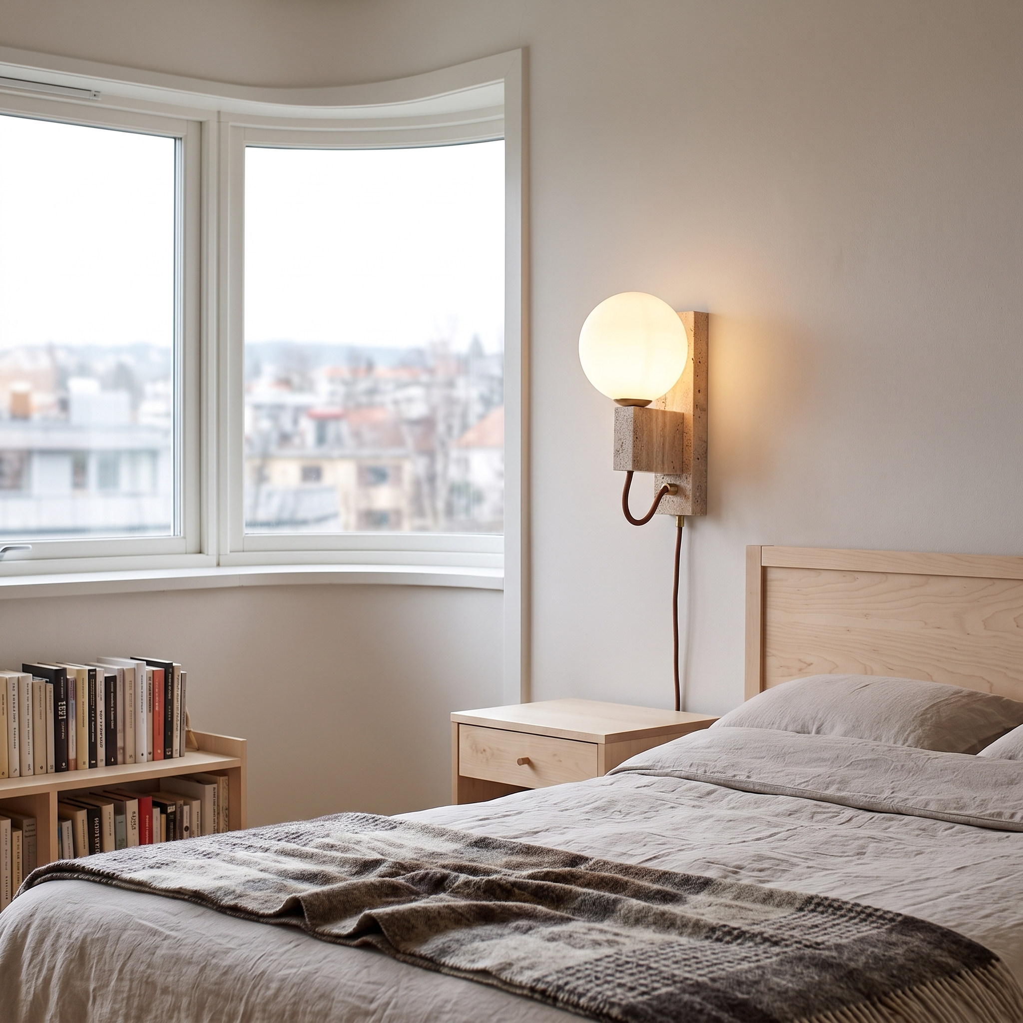 Halie Travertine and Opal Sphere Sconce shown close in an Oslo functionalist apartment bedroom