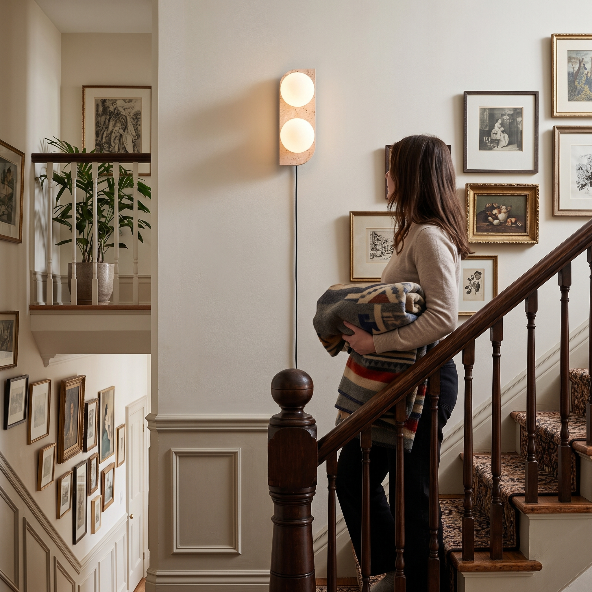 Glauke Travertine and Glass Globe Plug-In Light lit in a Toronto Annex Victorian semi stairwell