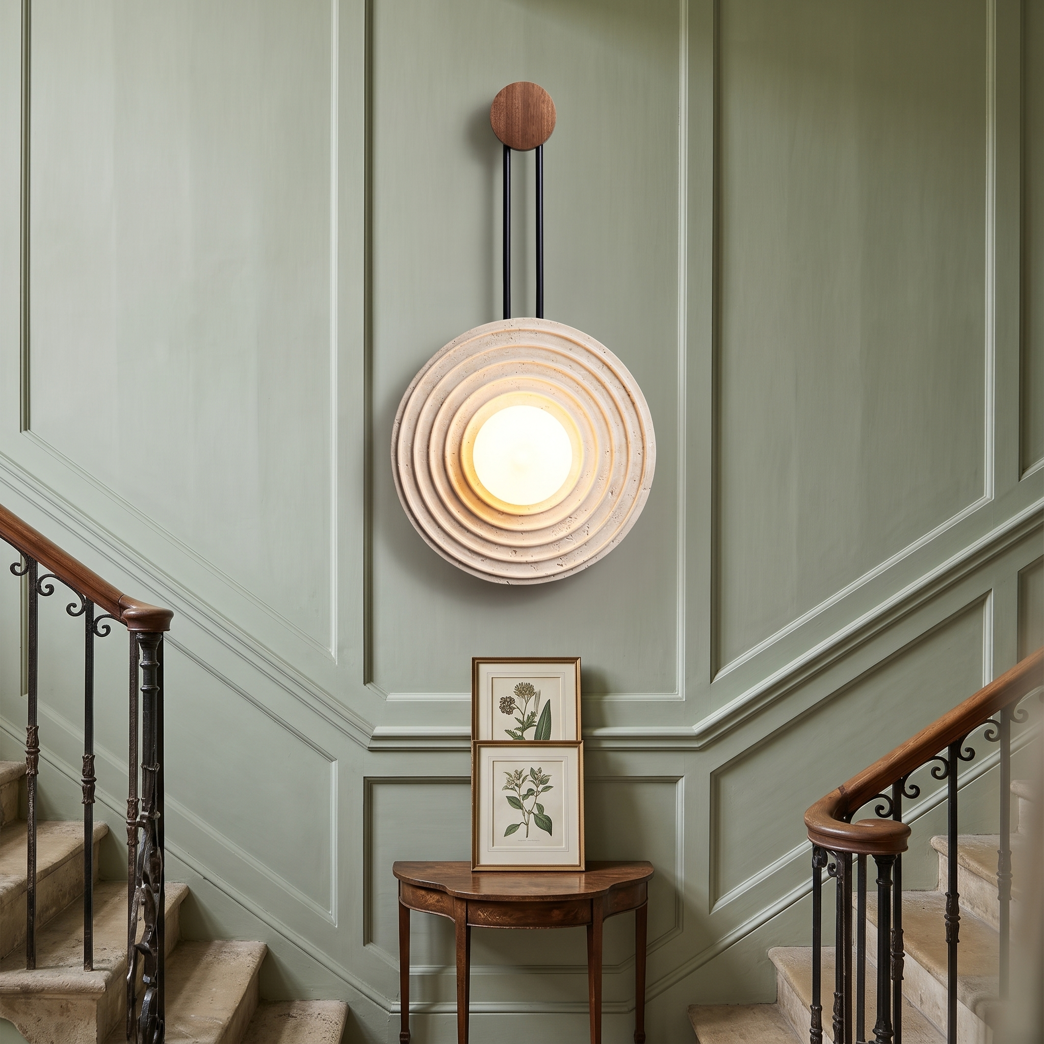 Halimede Tree Ring Travertine Wall Lamp shown close in a Bath Georgian townhouse stairwell