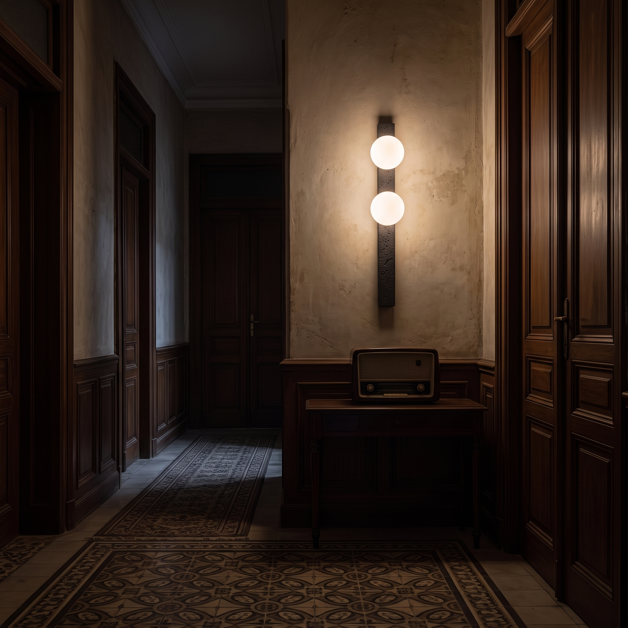 Glaukos Black Travertine and Opal Globe Sconce lit at night in a Cairo 1940s downtown apartment hallway