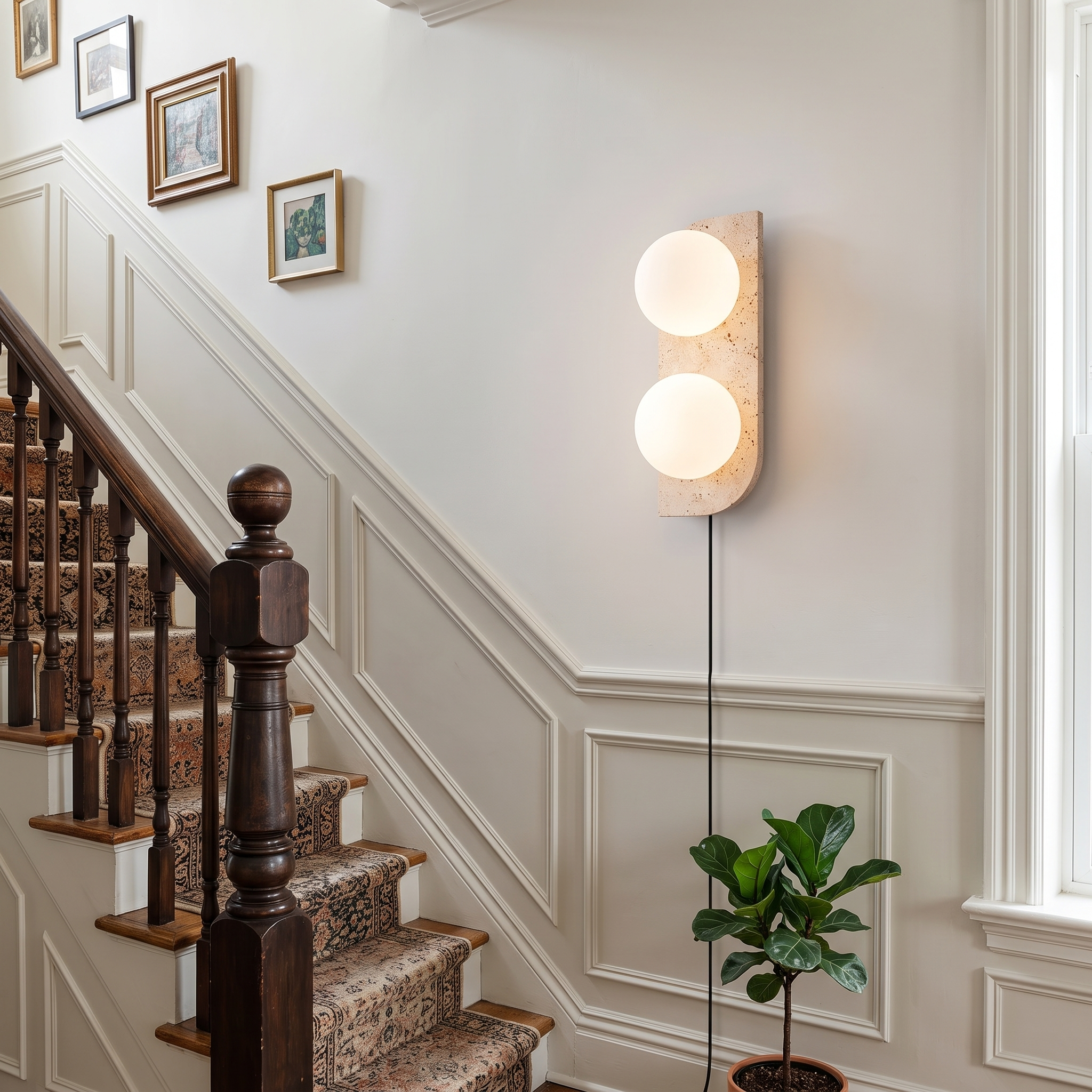 Glauke Travertine and Glass Globe Plug-In Light shown close in a Toronto Annex Victorian semi stairwell