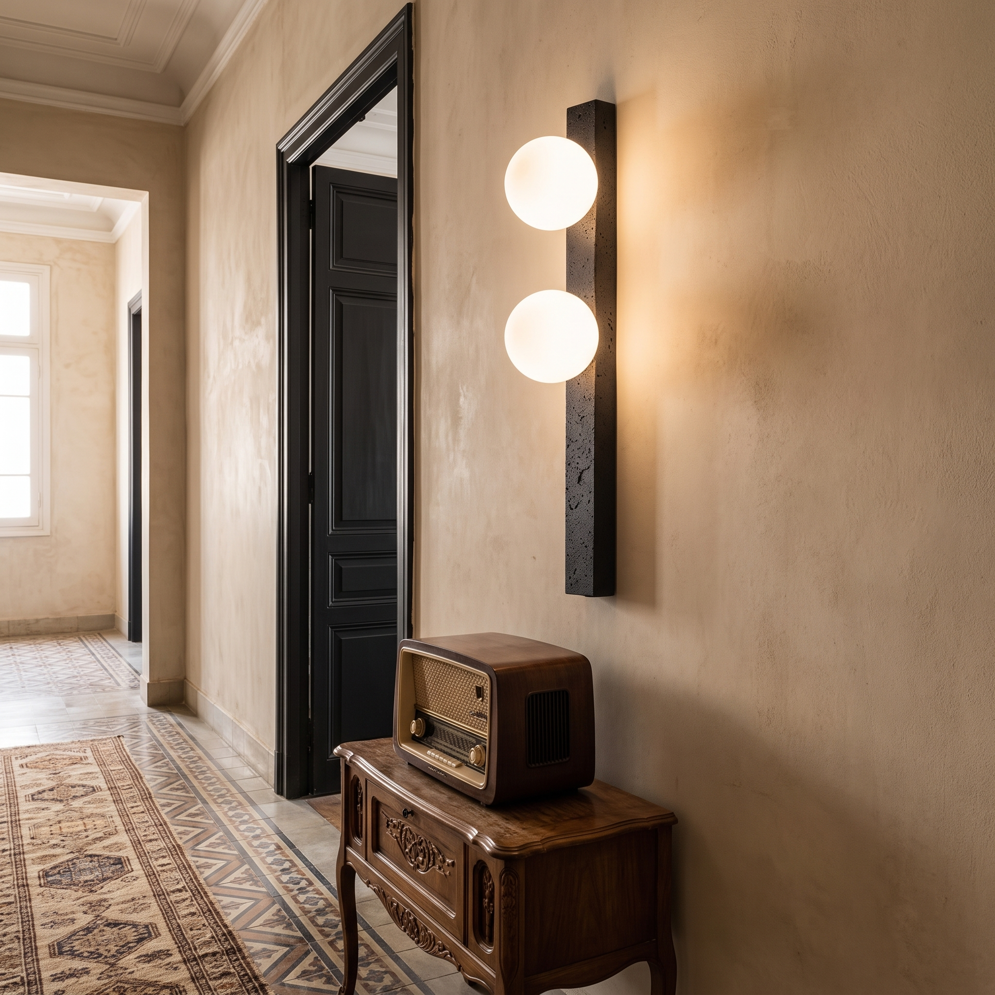 Glaukos Black Travertine and Opal Globe Sconce shown close in a Cairo 1940s downtown apartment hallway