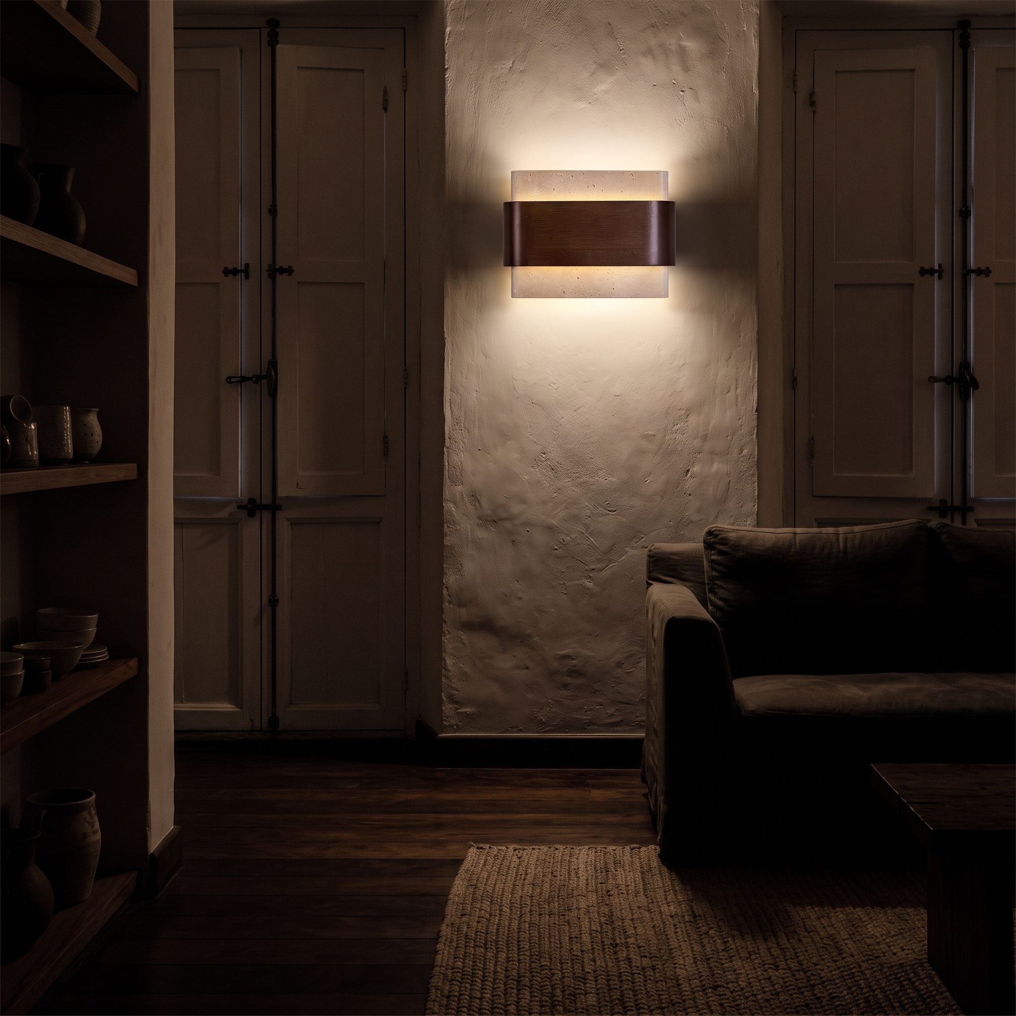 Idyia Travertine and Walnut Wall Sconce lit at night in a Bogota colonial apartment living room