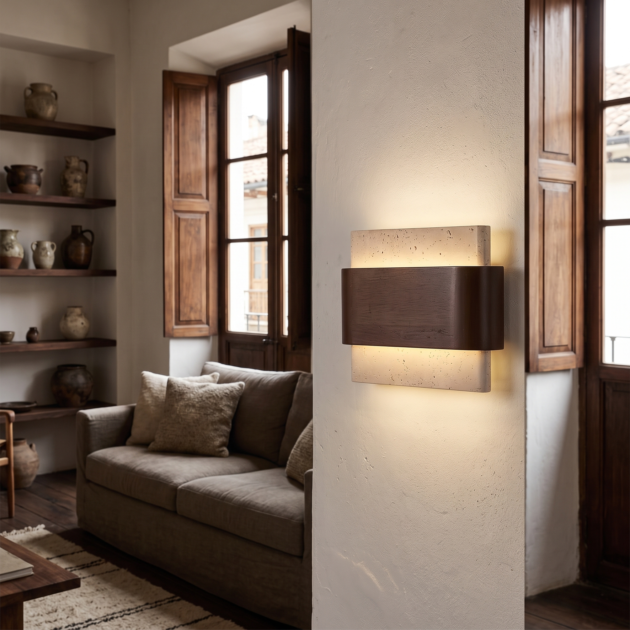 Idyia Travertine and Walnut Wall Sconce shown close in a Bogota colonial apartment living room