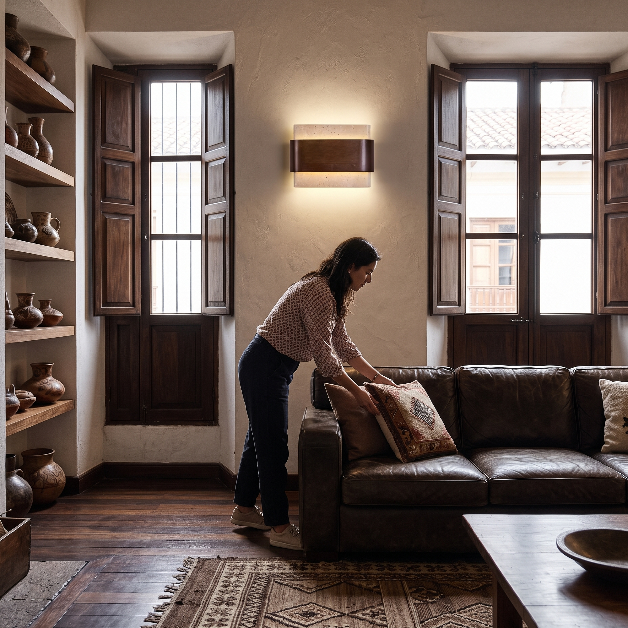 Idyia Travertine and Walnut Wall Sconce lit in a Bogota colonial apartment living room