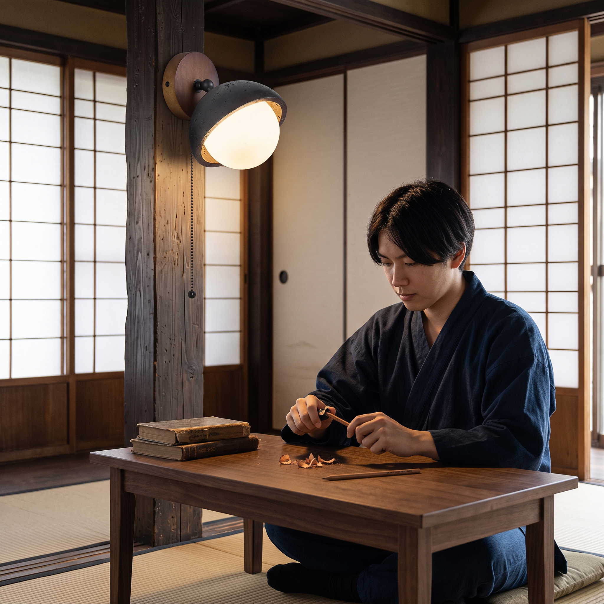 Hegemone Black Travertine Pivot Sconce lit in a Kanazawa townhouse study