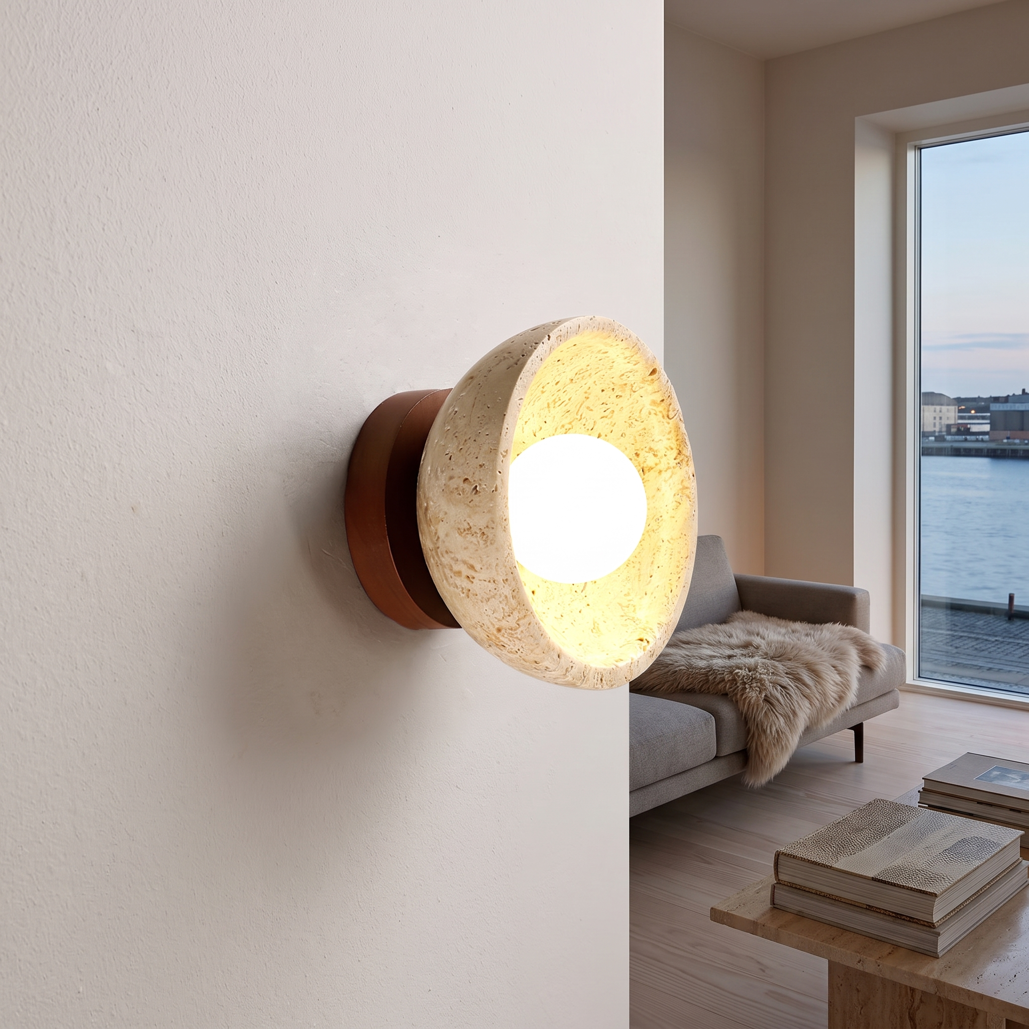 Karpo Travertine Bowl Wall Lamp shown close in an Aarhus harbour apartment living room