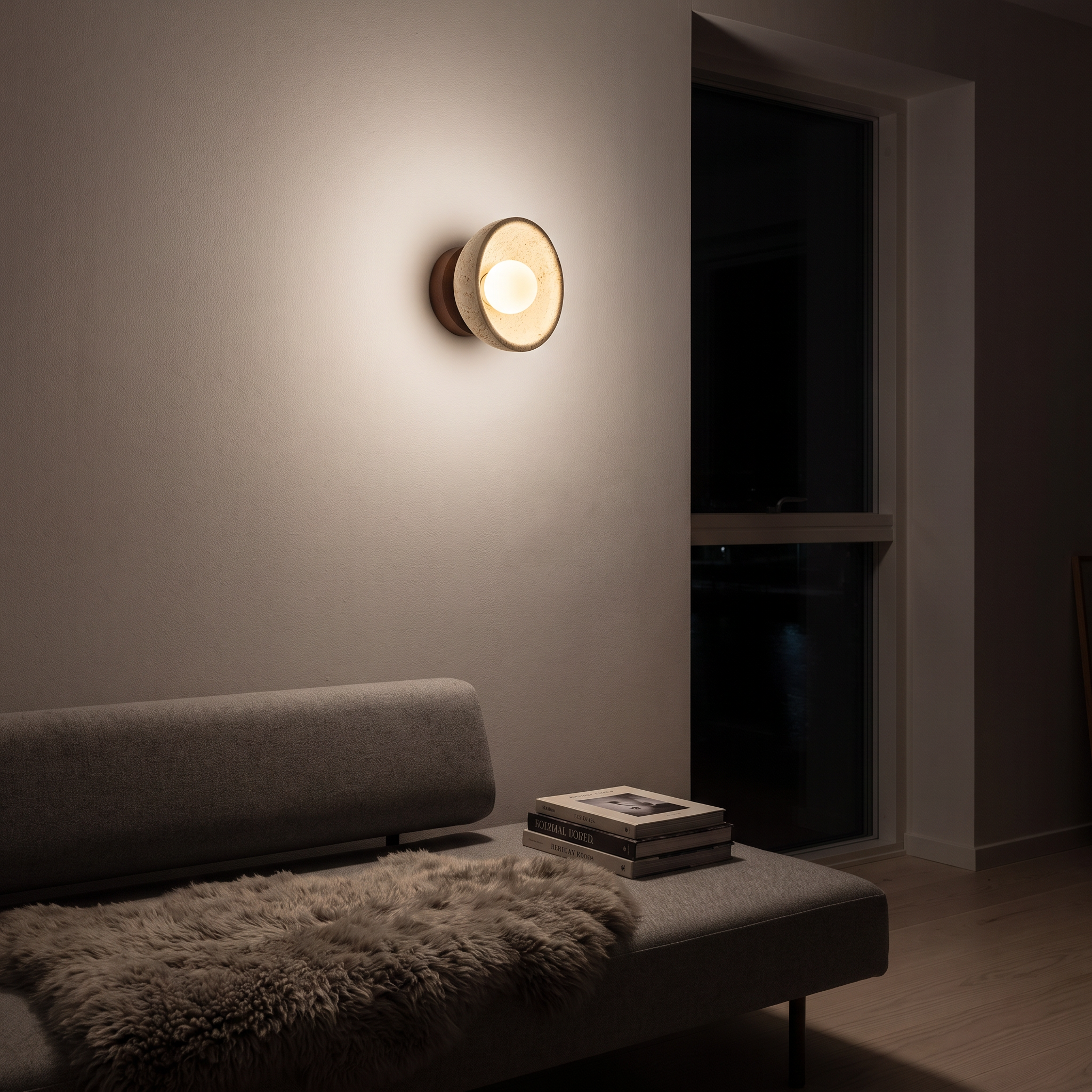 Karpo Travertine Bowl Wall Lamp lit at night in an Aarhus harbour apartment living room