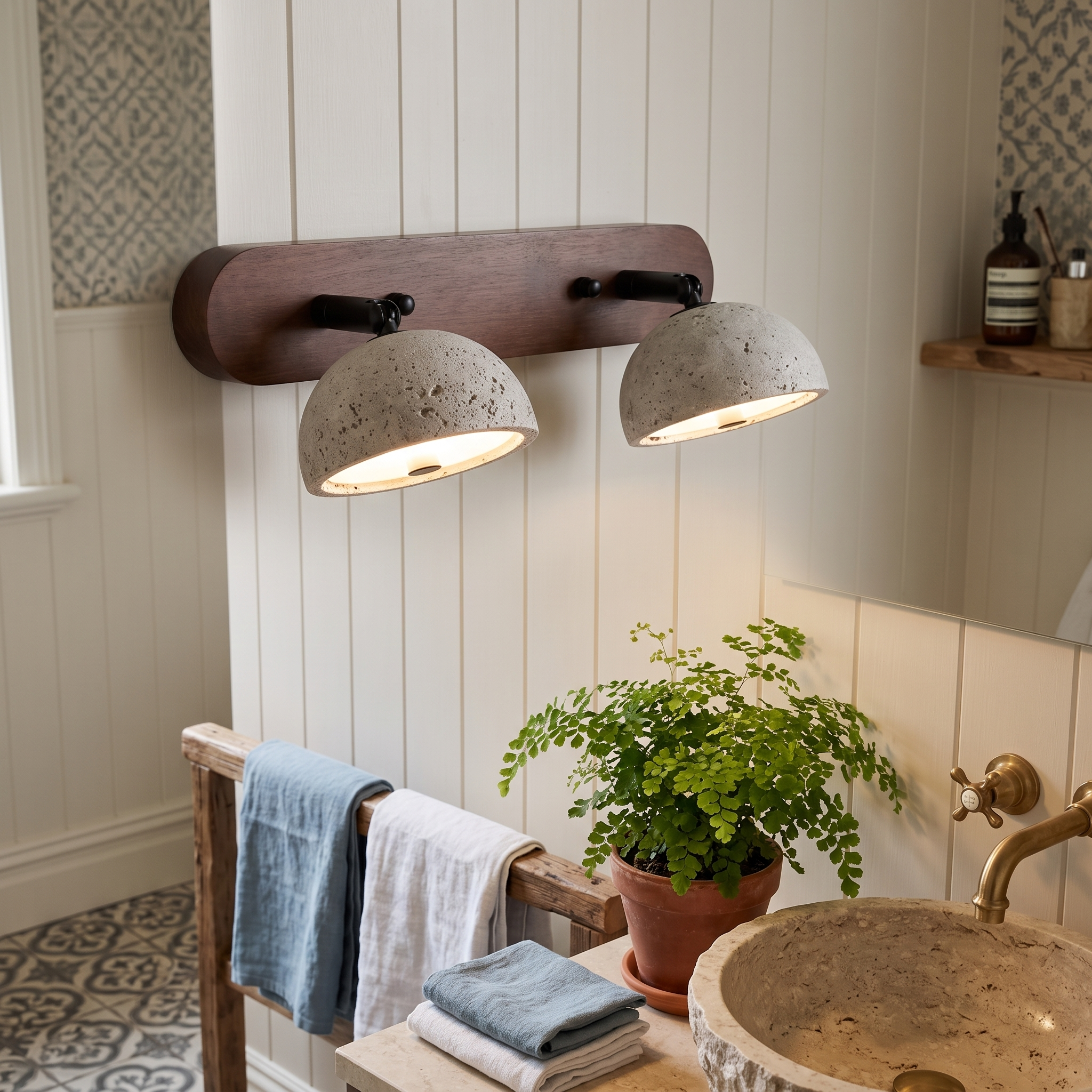 Kassiopeia Adjustable Travertine Dome Vanity Light shown close in an Auckland villa powder room