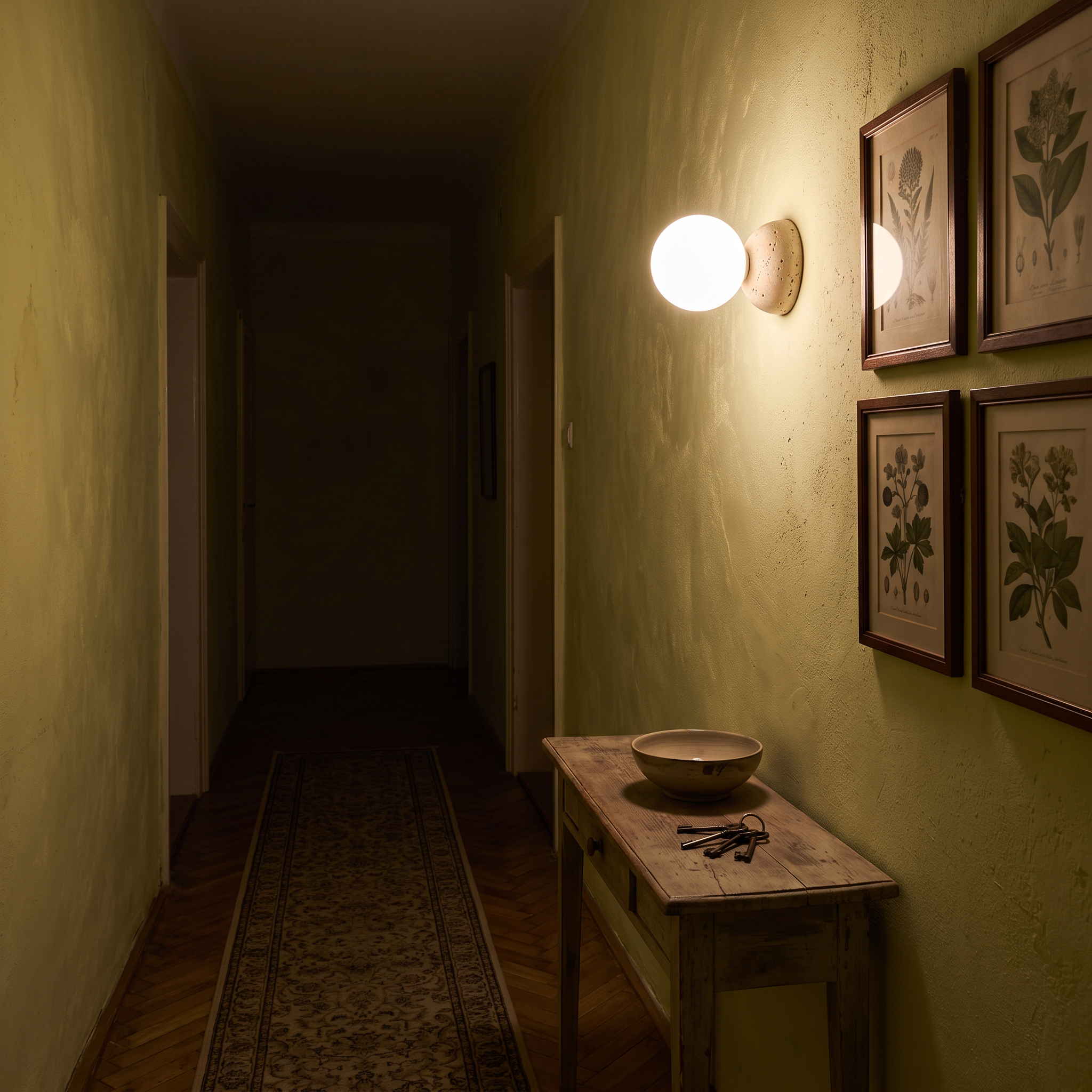 Kepheus Travertine and Glass Globe Sconce lit at night in a Bratislava old town apartment hallway
