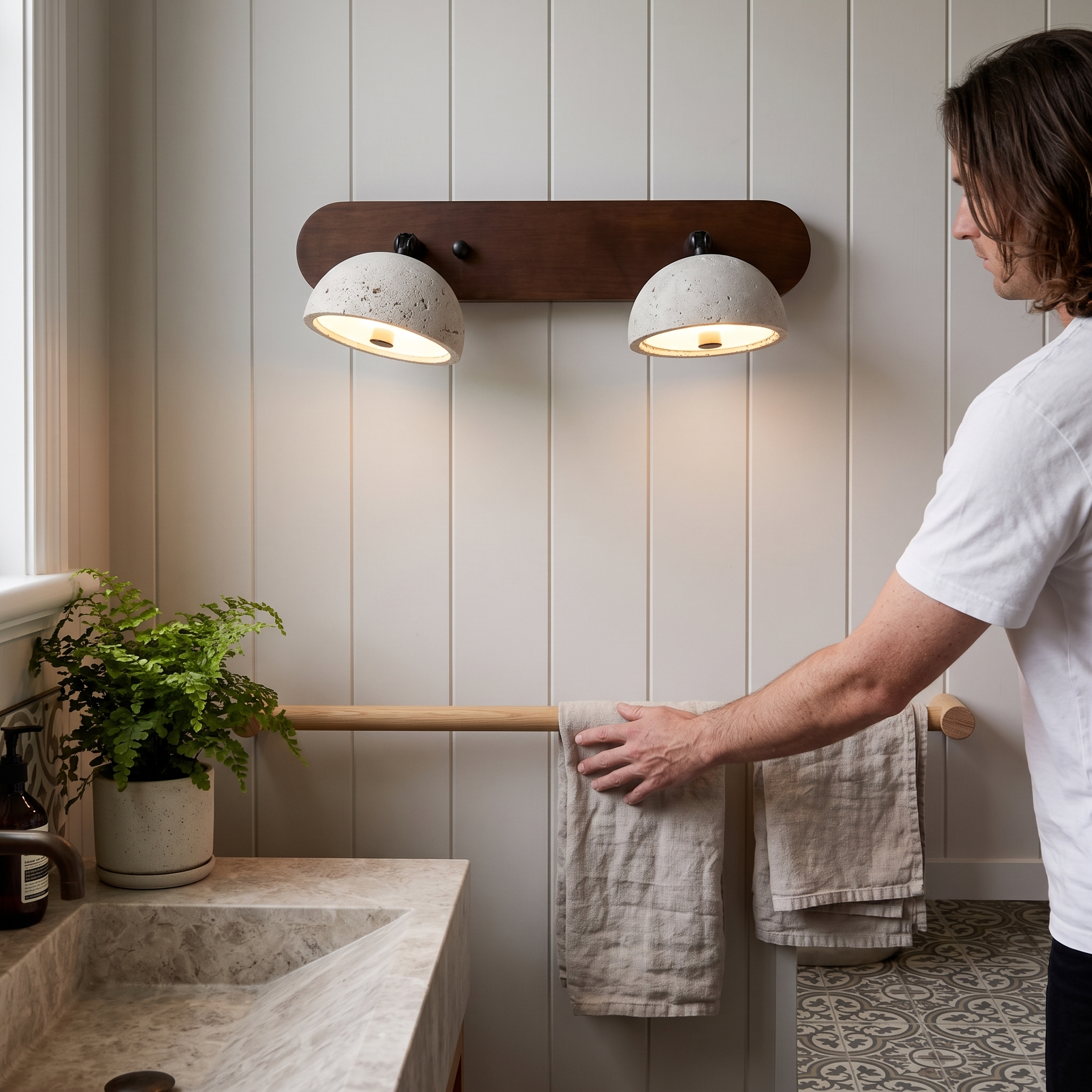 Kassiopeia Adjustable Travertine Dome Vanity Light lit in an Auckland villa powder room