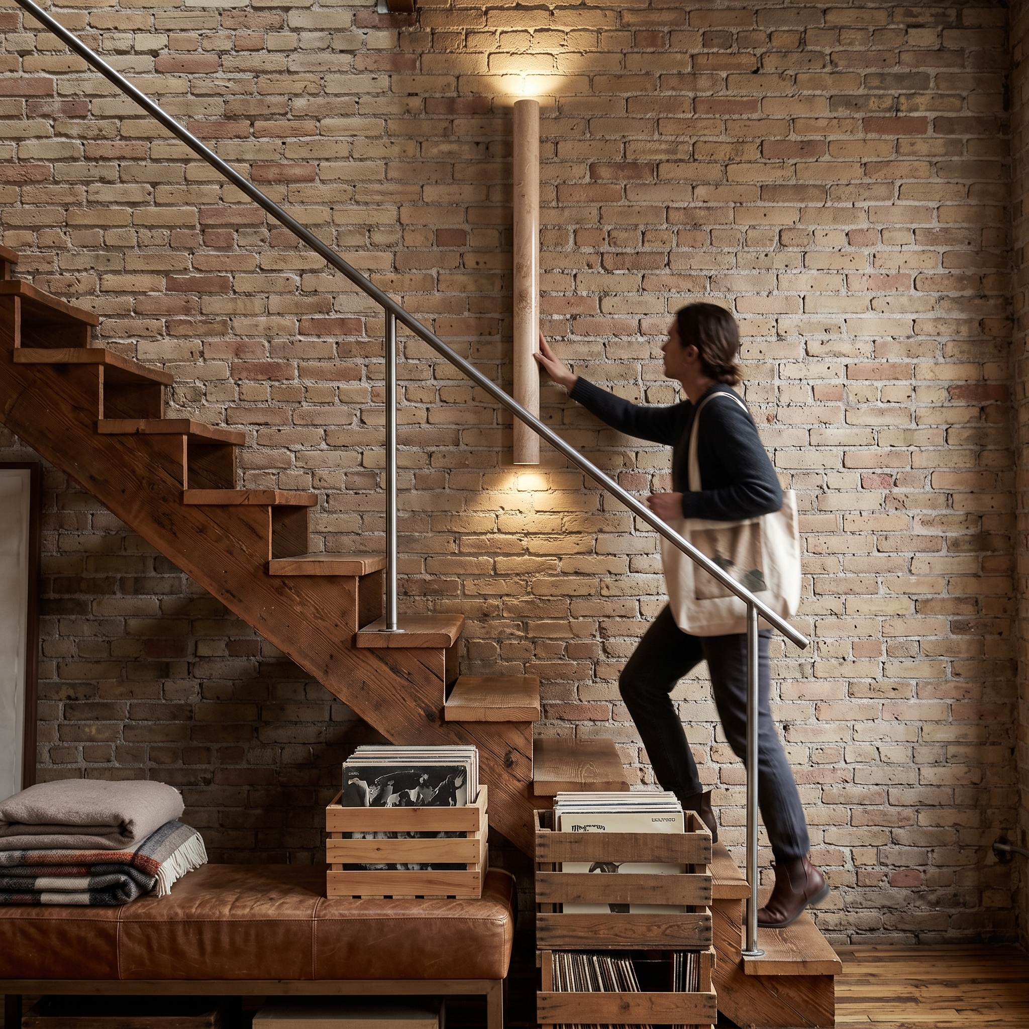 Koios Travertine Column Wall Light lit in a Detroit loft conversion stairwell