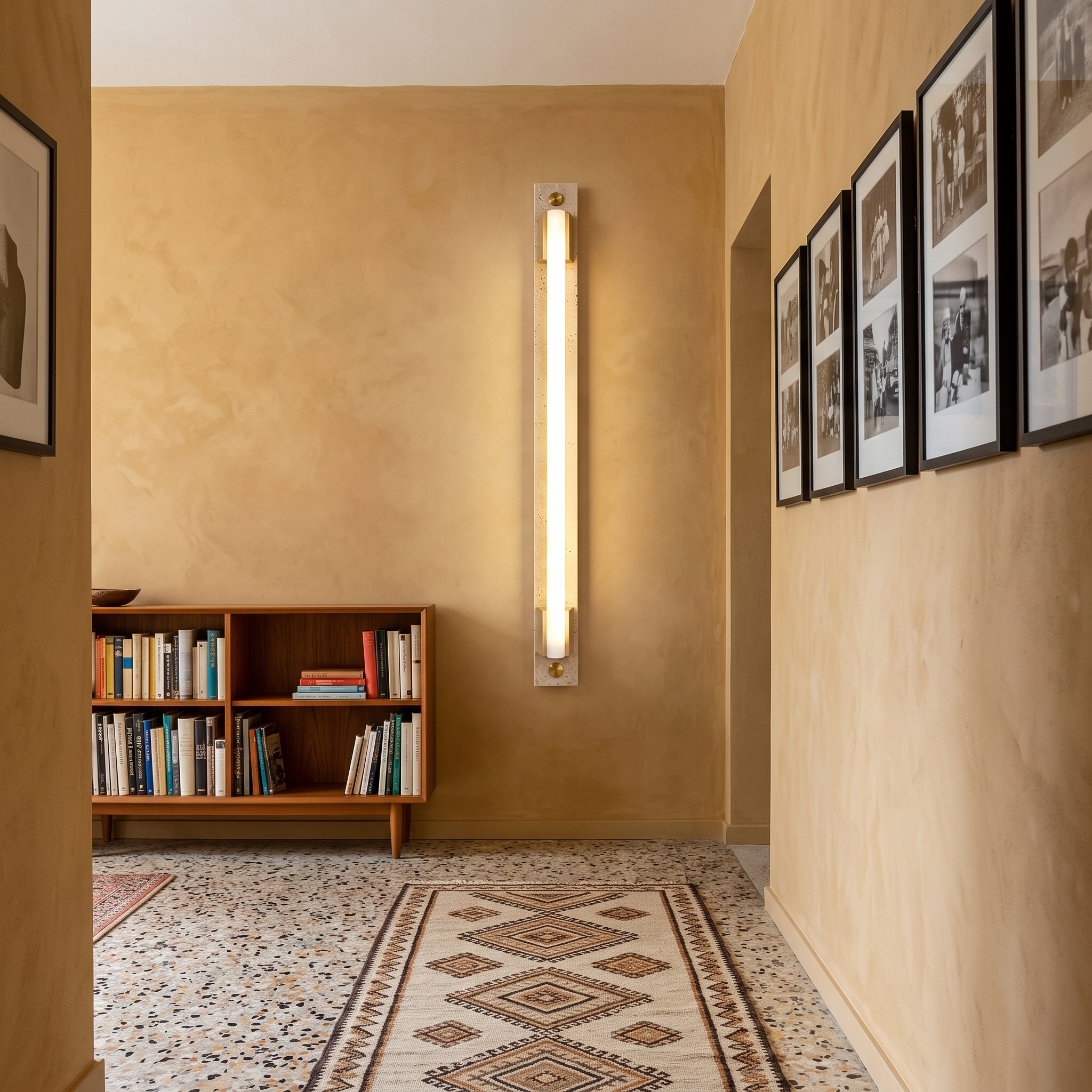 Krios Travertine and LED Tube Wall Bar shown close in a Rome Testaccio apartment corridor