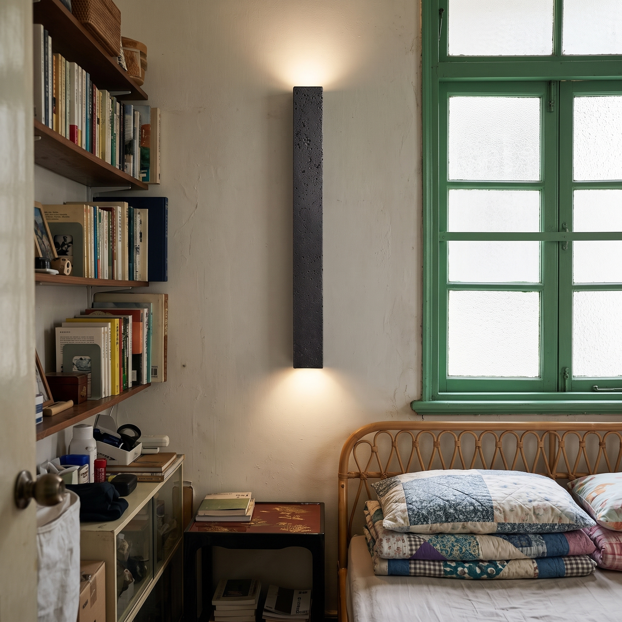 Lethe Black Travertine Linear Wall Lamp shown close in a Hong Kong tong lau apartment bedroom