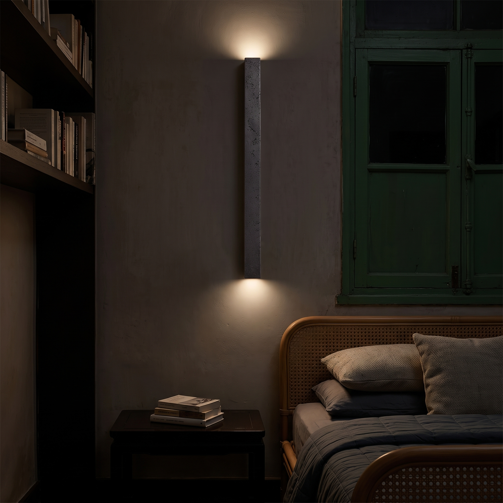 Lethe Black Travertine Linear Wall Lamp lit at night in a Hong Kong tong lau apartment bedroom