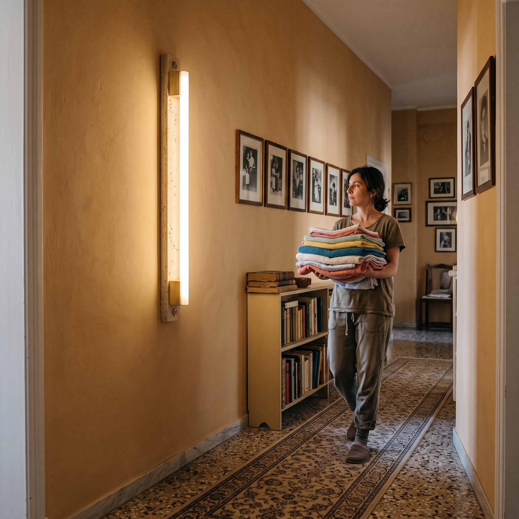 Krios Travertine and LED Tube Wall Bar lit in a Rome Testaccio apartment corridor