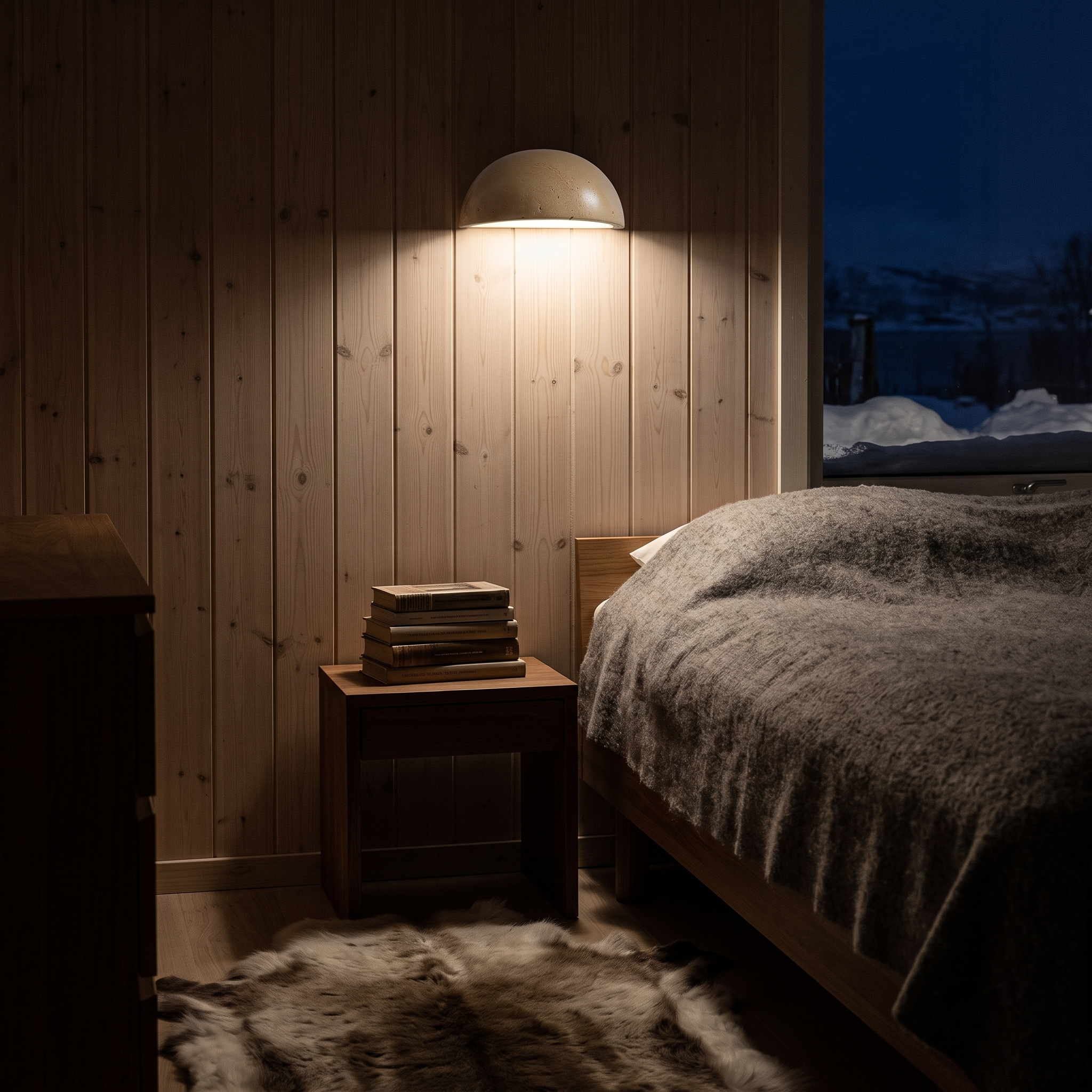 Nemertes Half-Dome Travertine Wall Light lit at night in a Tromso arctic apartment bedroom