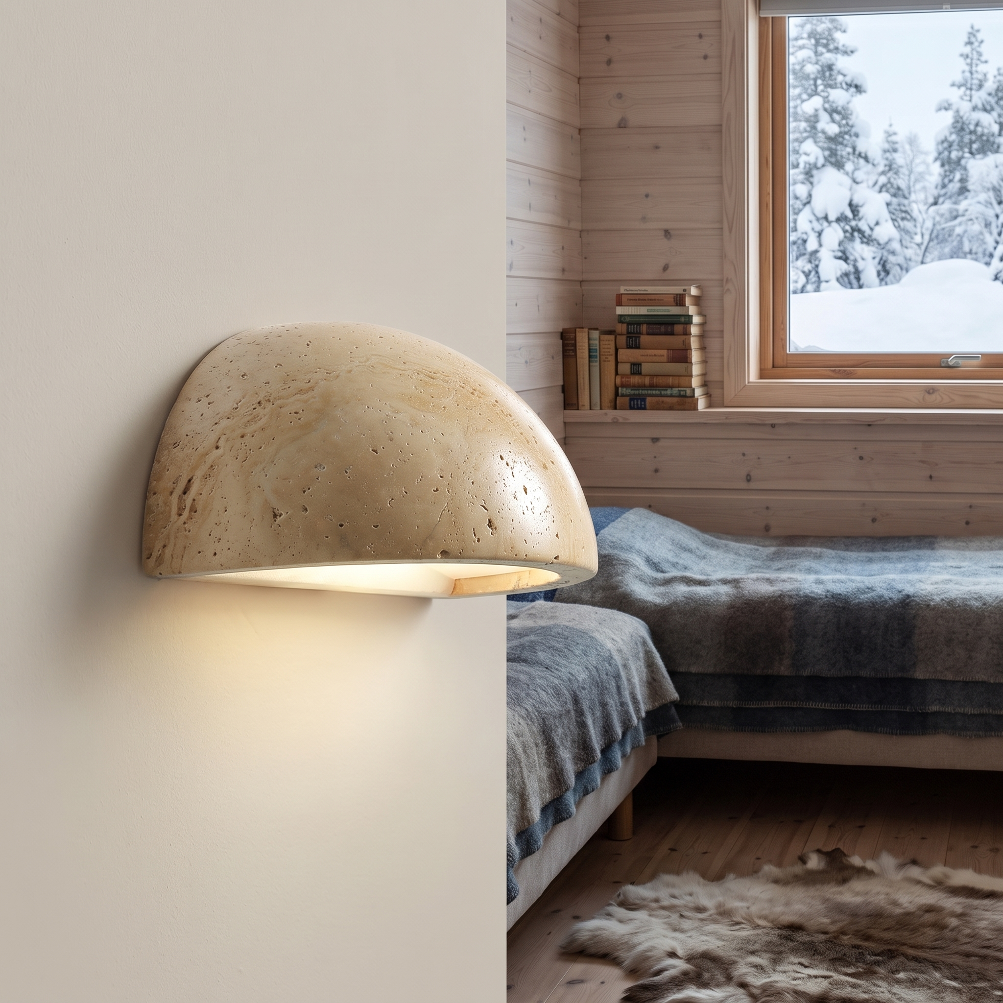 Nemertes Half-Dome Travertine Wall Light shown close in a Tromso arctic apartment bedroom