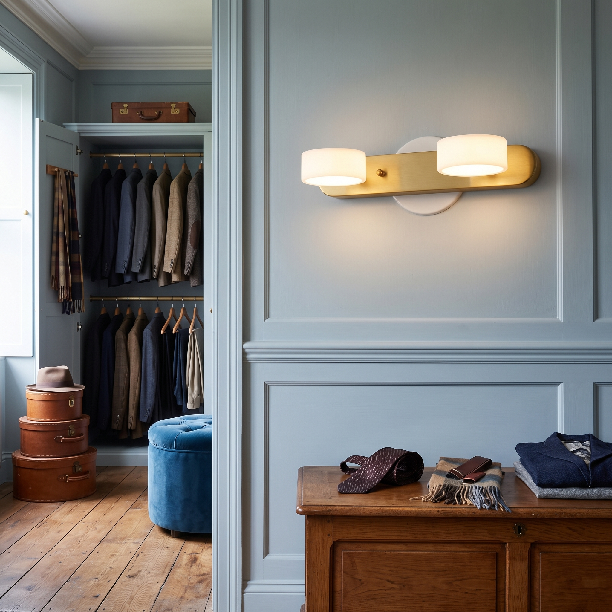 Melpomene Travertine and Marble Vanity Light shown close in a Norwich Georgian house dressing room