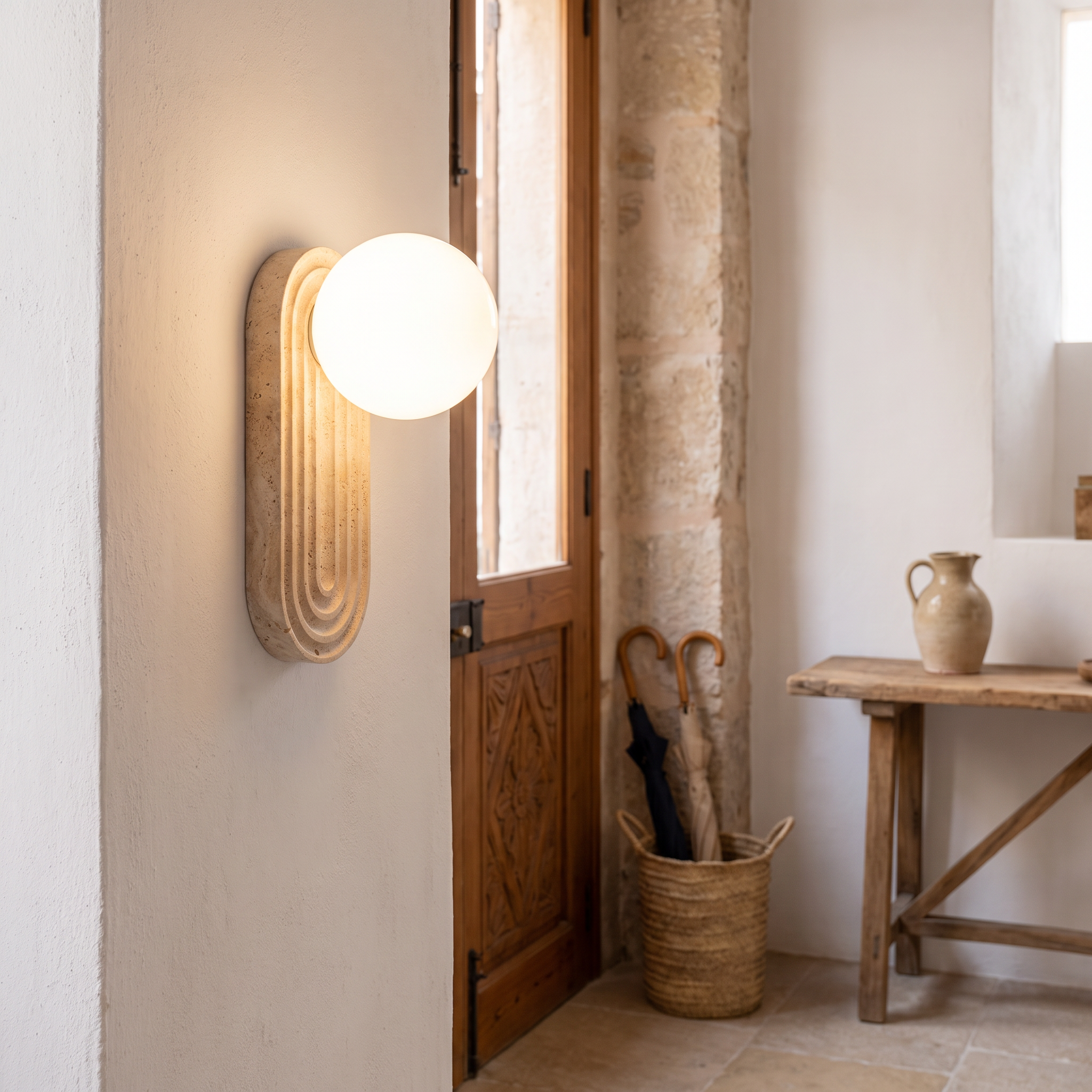 Nesaia Grooved Travertine Wall Light shown close in a Palma de Mallorca townhouse entrance hall
