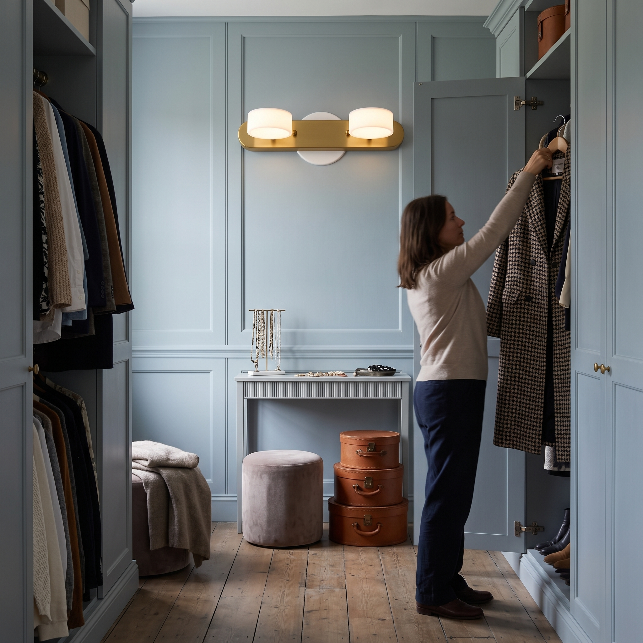Melpomene Travertine and Marble Vanity Light lit in a Norwich Georgian house dressing room