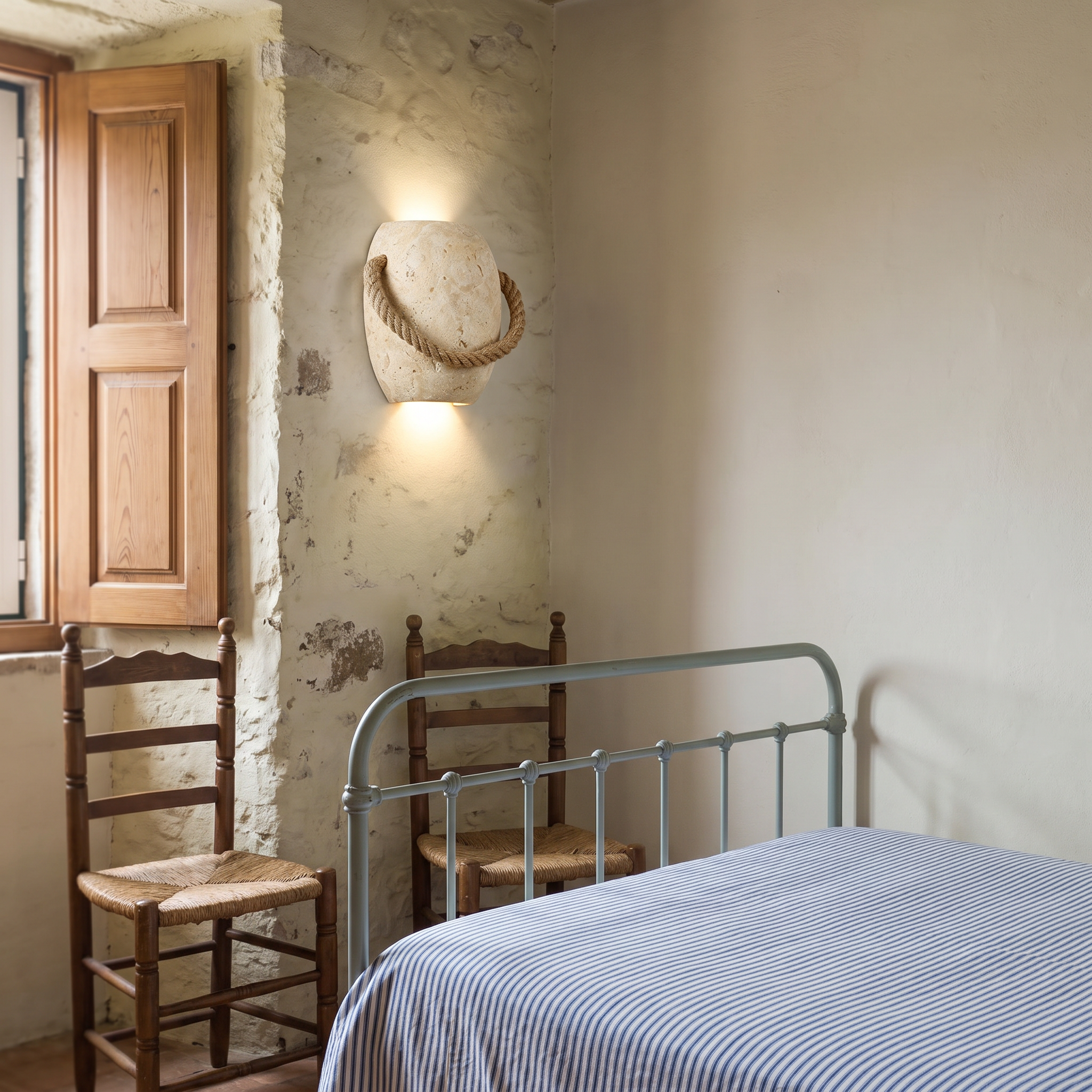 Nereus Travertine and Hemp Rope Wall Sconce shown close in a Nazare fisherman's cottage bedroom