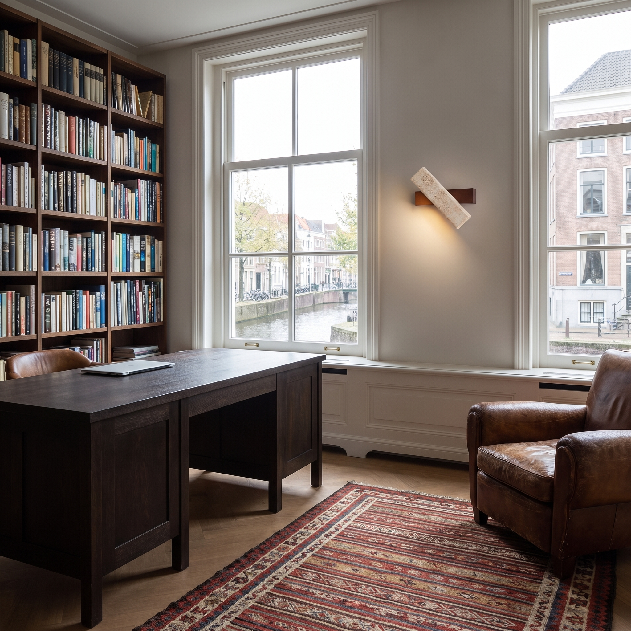 Notos Travertine and Wood Linear Wall Lamp shown close in a Ghent canal house study