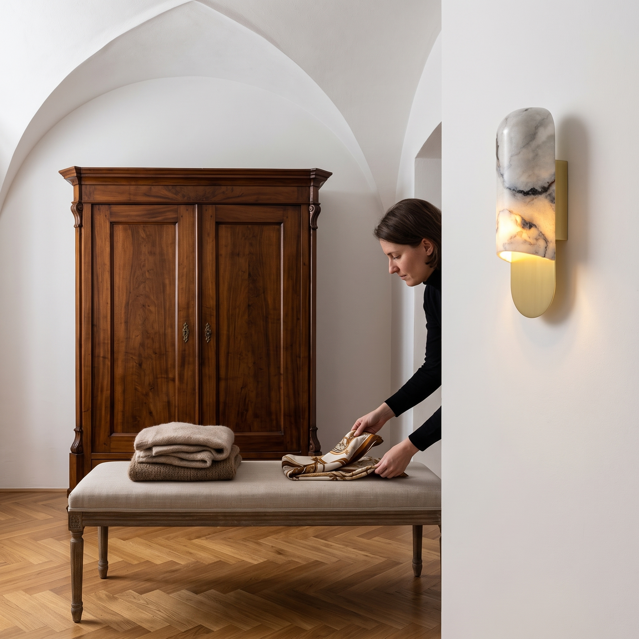 Niobe White Marble and Metal Wall Sconce lit in a Salzburg old town apartment dressing area
