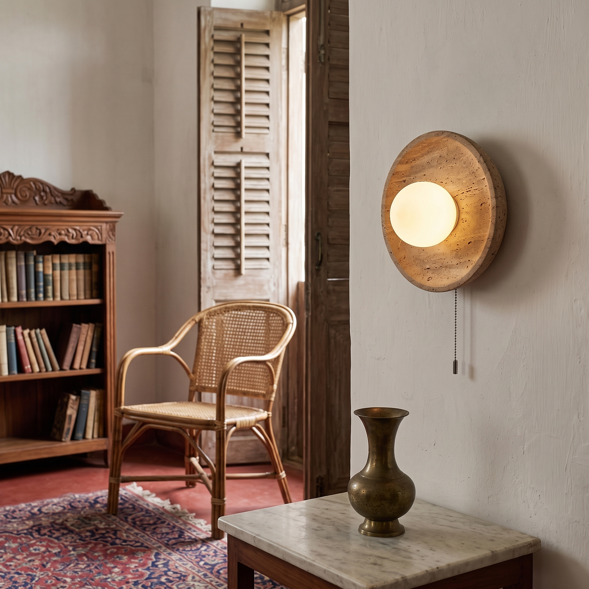 Pallas round travertine wall light design detail