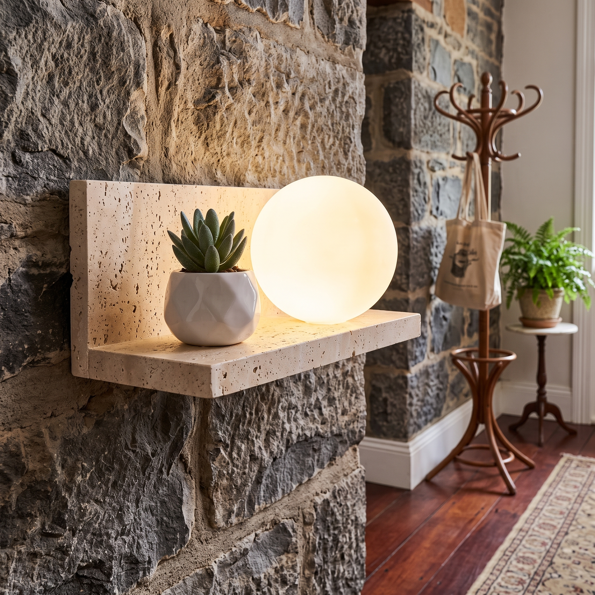 Pherousa travertine shelf wall sconce design detail