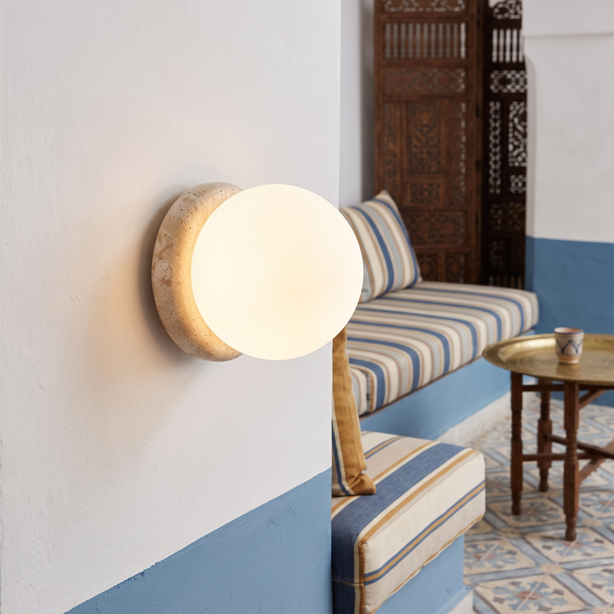 Triton hand polished travertine wall light design detail