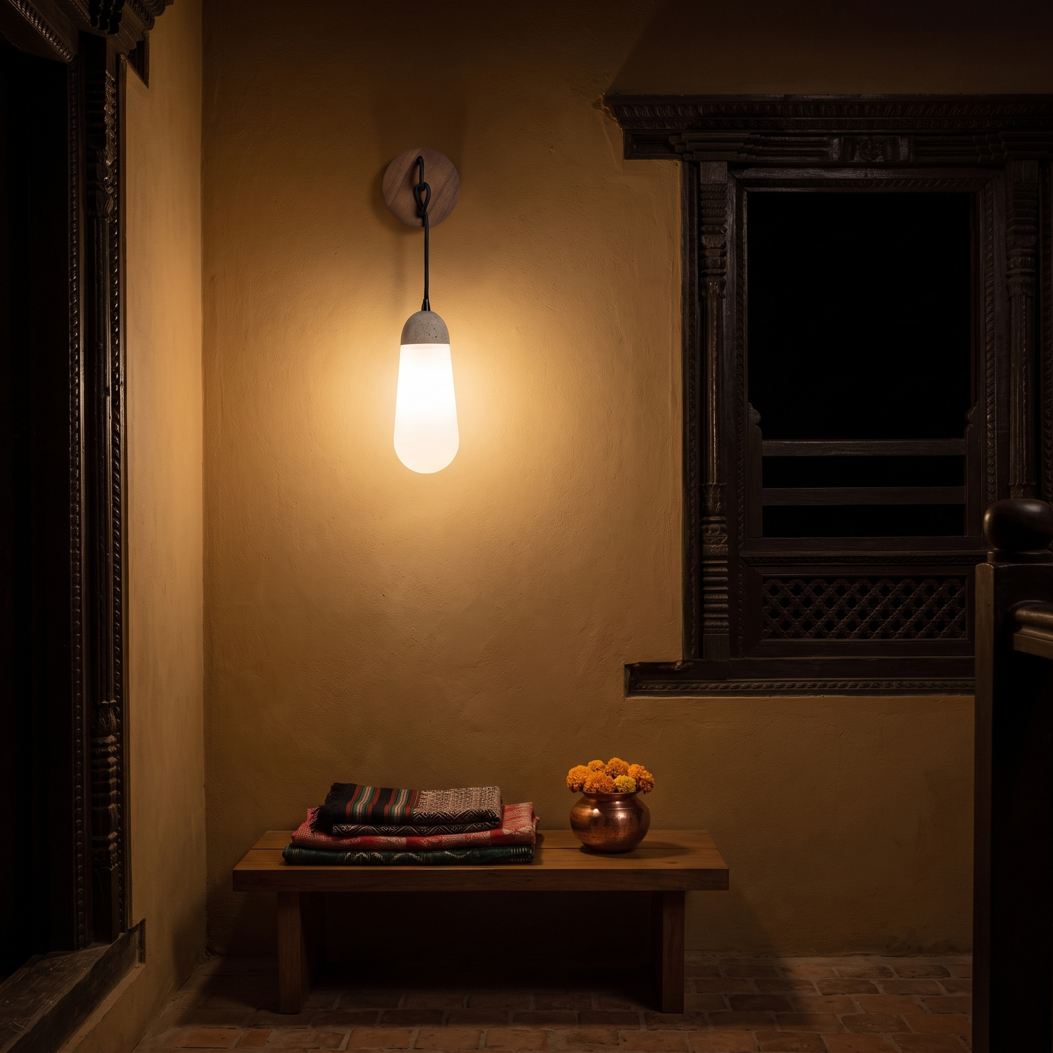 Tyro knotted cord travertine sconce at night