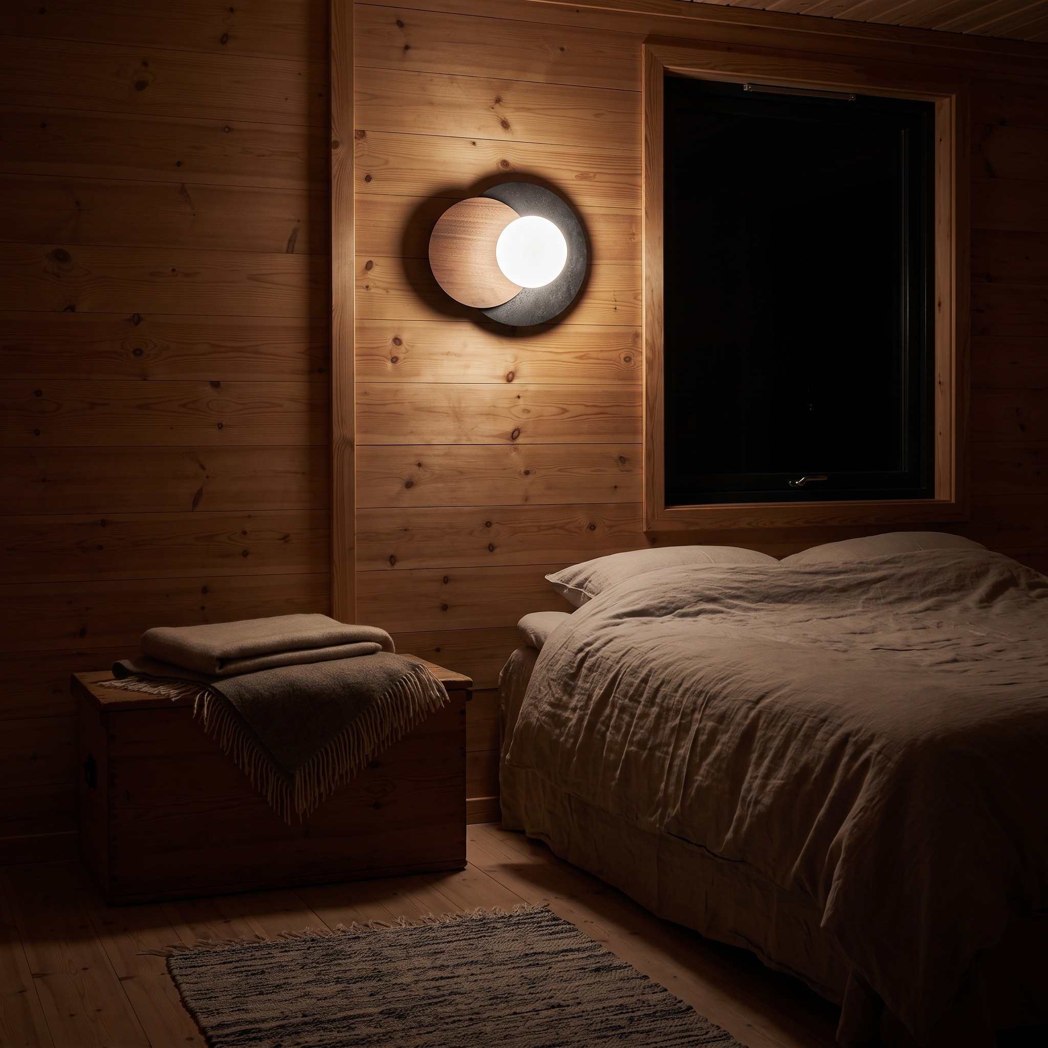 Themisto black travertine and walnut sconce at night