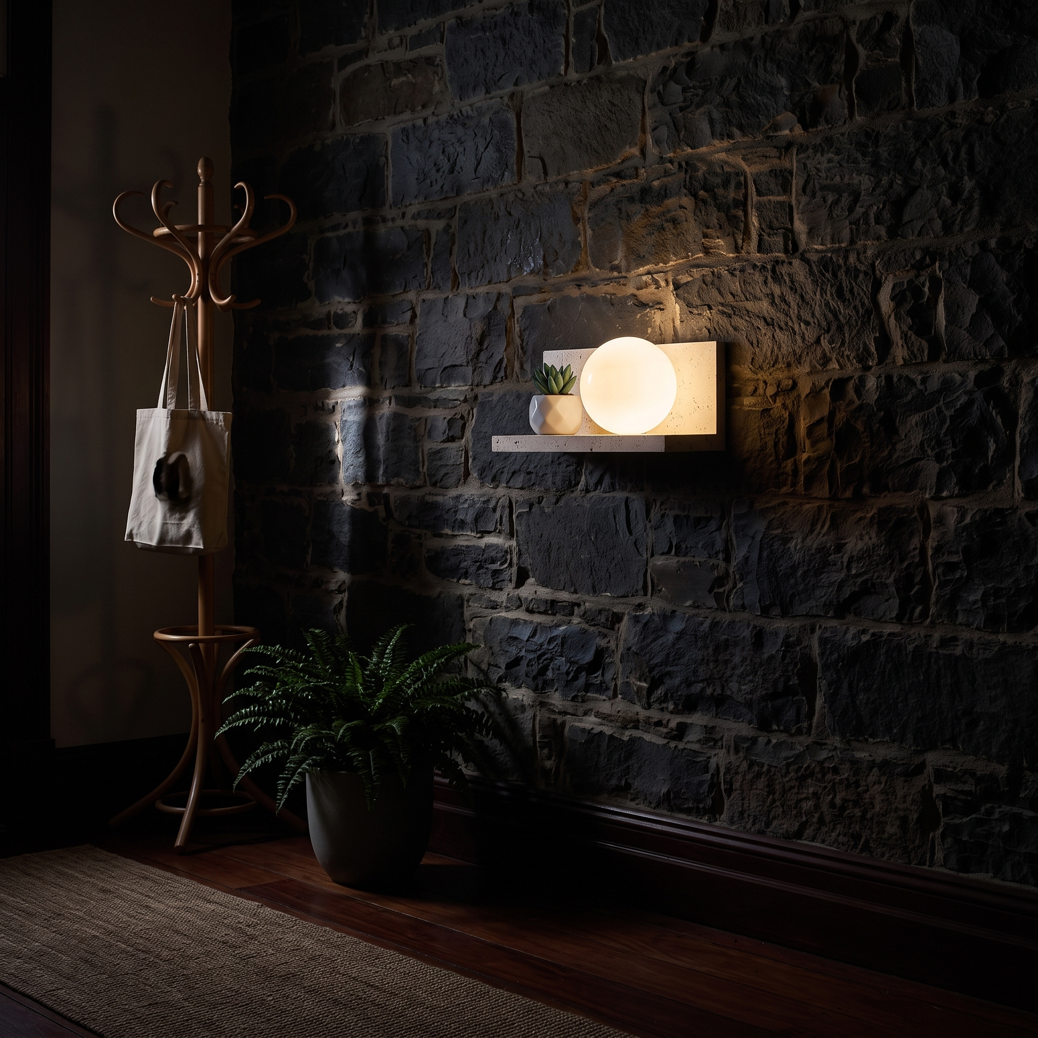 Pherousa travertine shelf wall sconce at night
