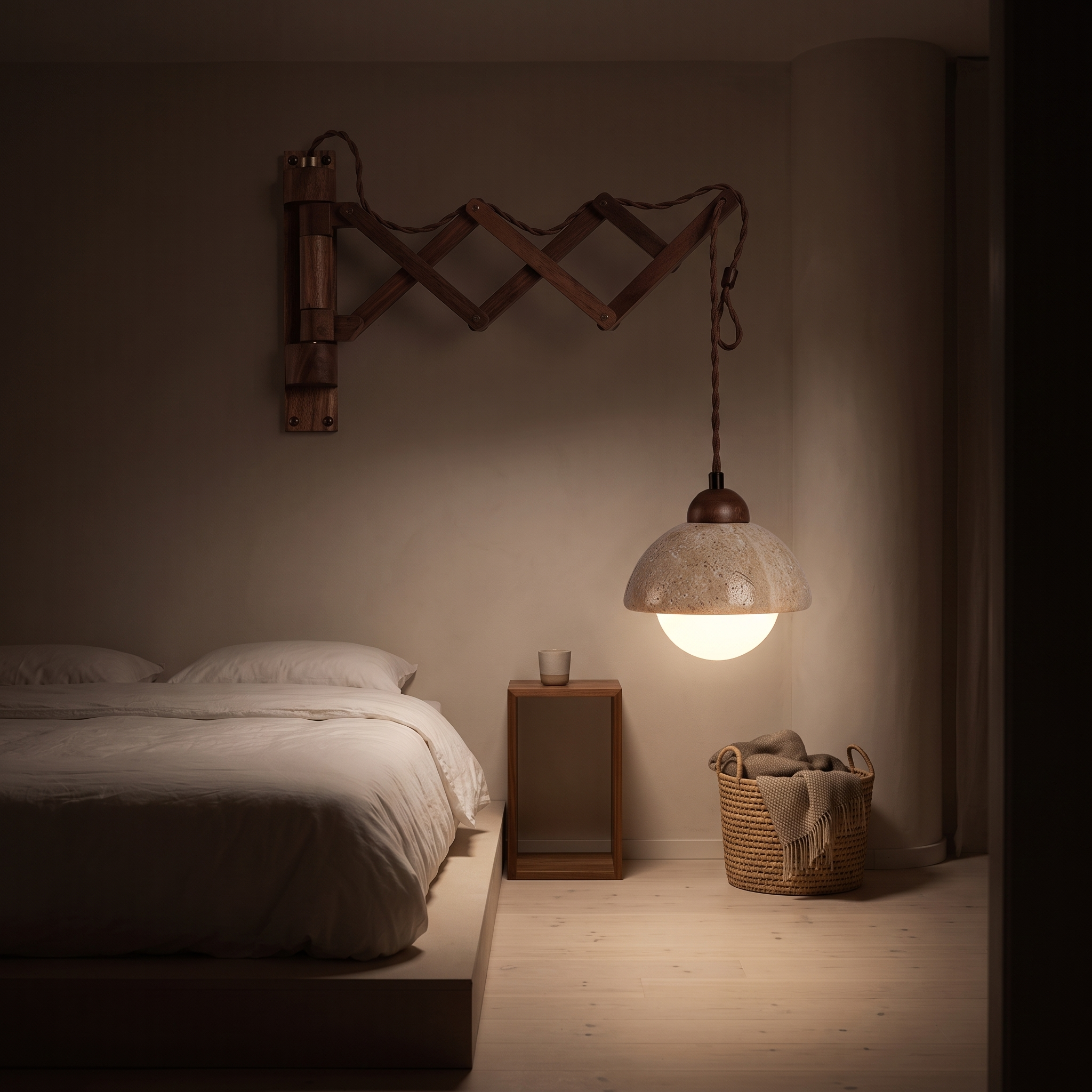 Palaimon travertine swing arm wall sconce at night