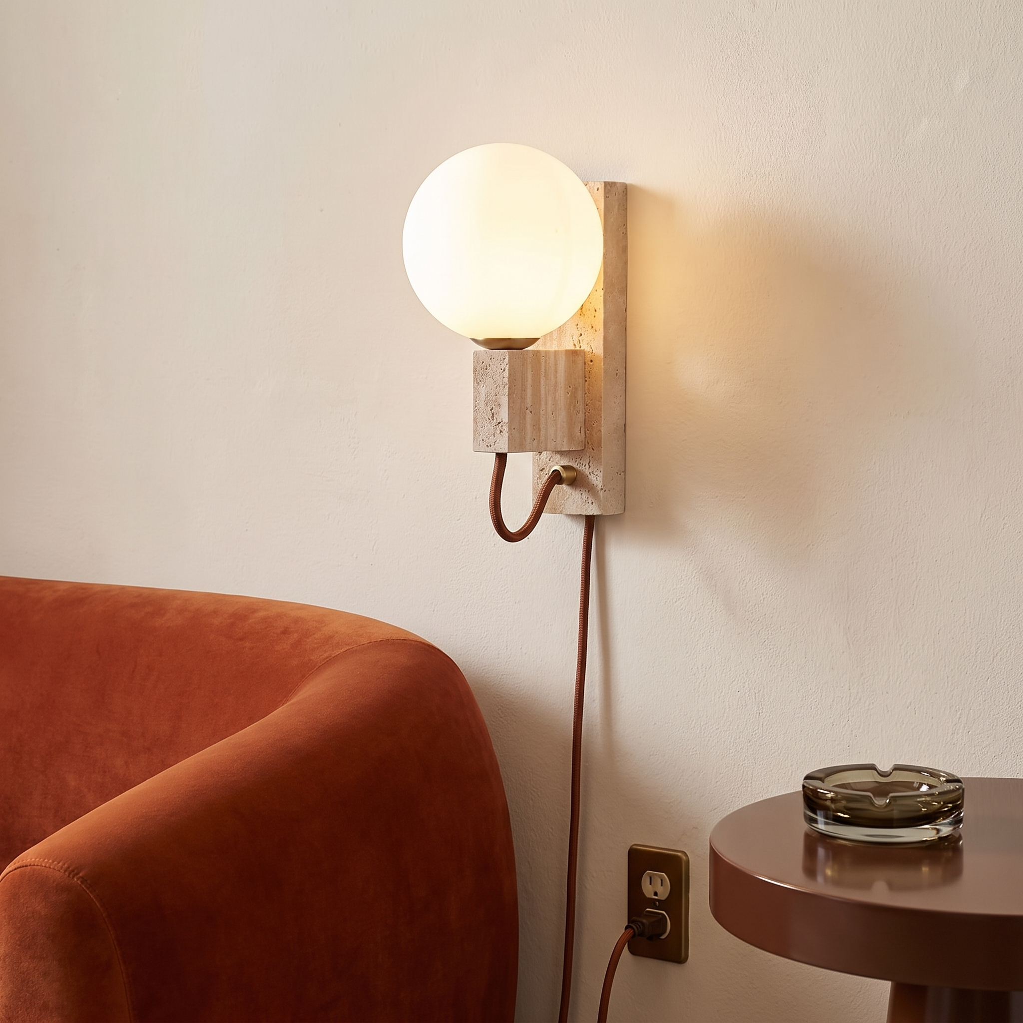 Dione - Travertine and Opal Globe Sconce